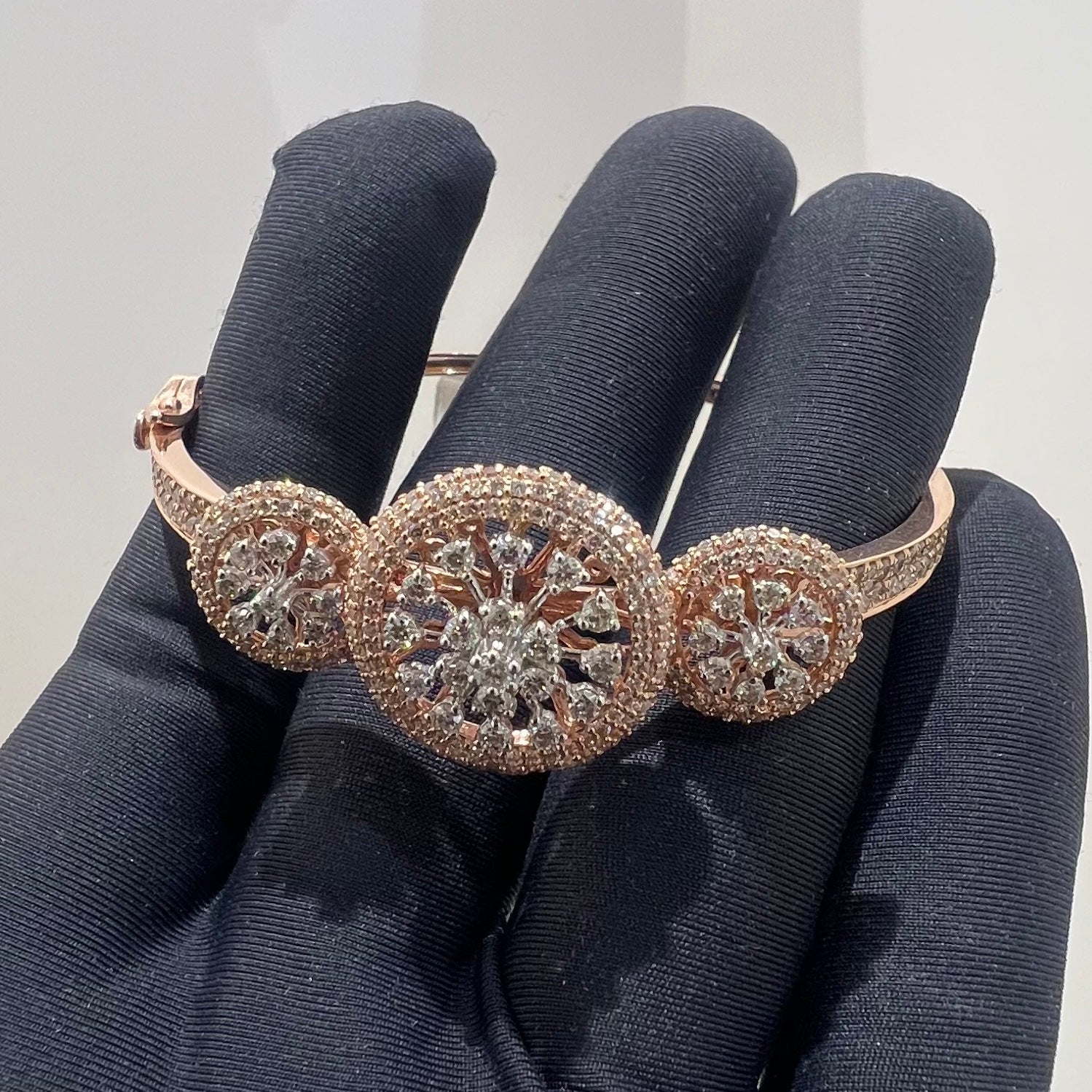 Solid Gold Diamond Cluster Bracelet, Round Halo Bangle, Fine Jewelry