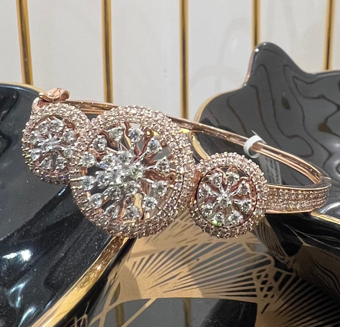 Solid Gold Diamond Cluster Bracelet, Round Halo Bangle, Fine Jewelry