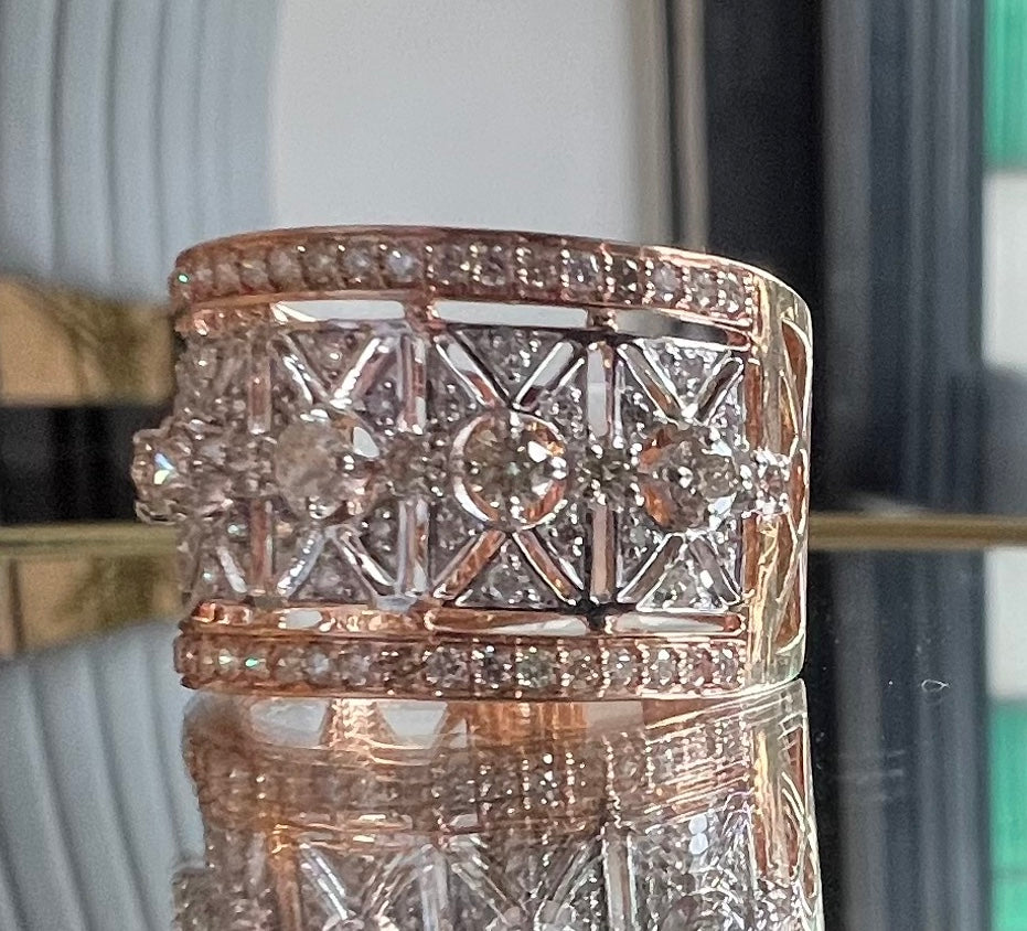 14K/18K Solid Gold Geometric Diamond Statement Ring, Wide Band Cocktail Jewelry