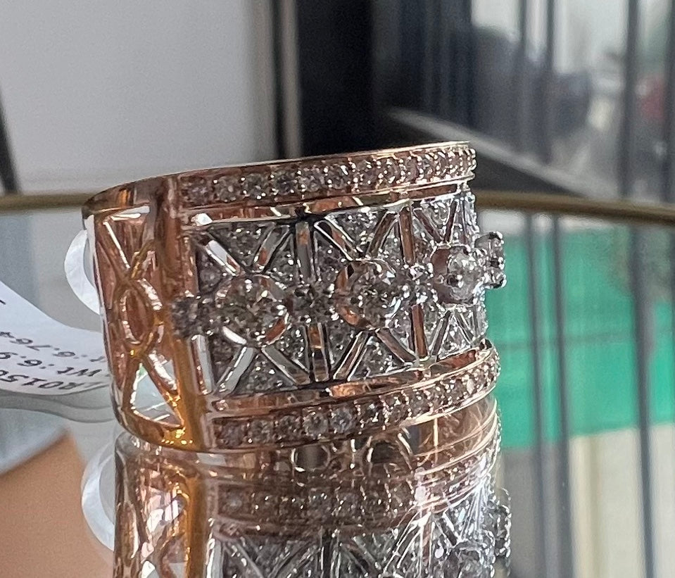 14K/18K Solid Gold Geometric Diamond Statement Ring, Wide Band Cocktail Jewelry