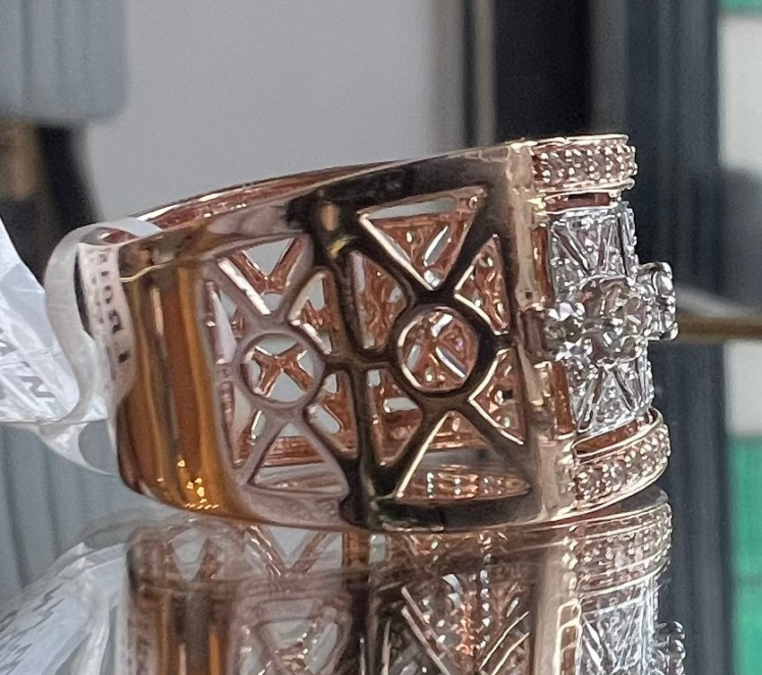 14K/18K Solid Gold Geometric Diamond Statement Ring, Wide Band Cocktail Jewelry