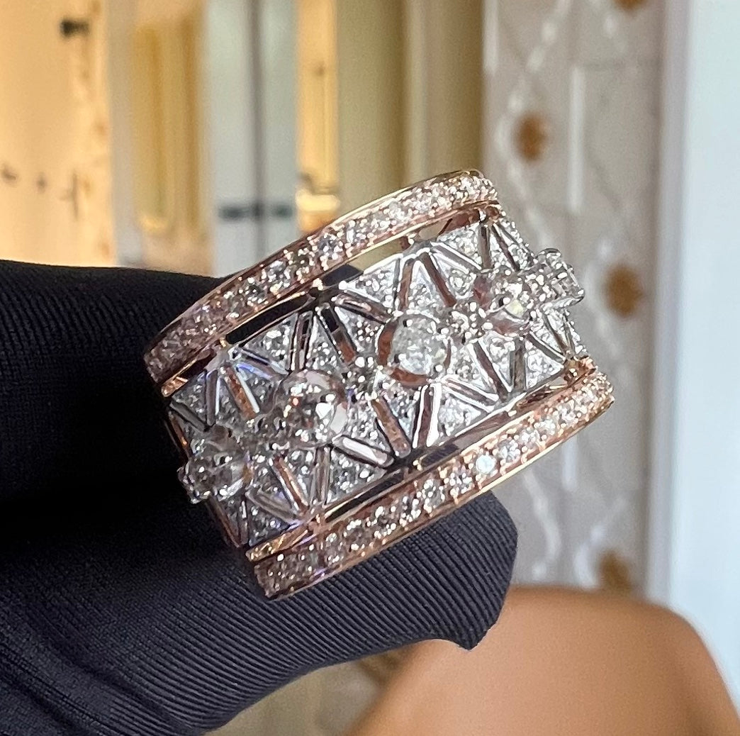 14K/18K Solid Gold Geometric Diamond Statement Ring, Wide Band Cocktail Jewelry