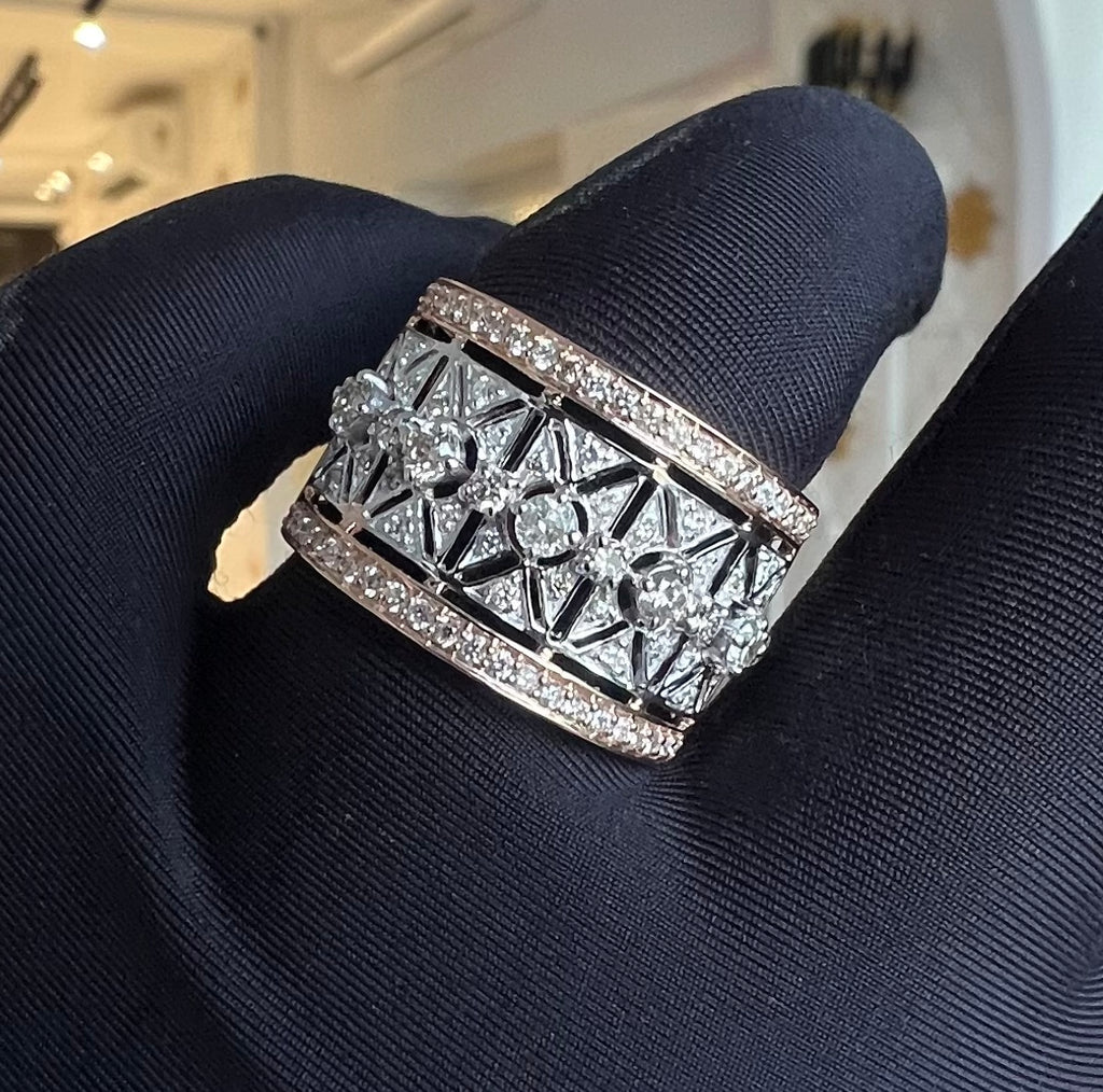 14K/18K Solid Gold Geometric Diamond Statement Ring, Wide Band Cocktail Jewelry