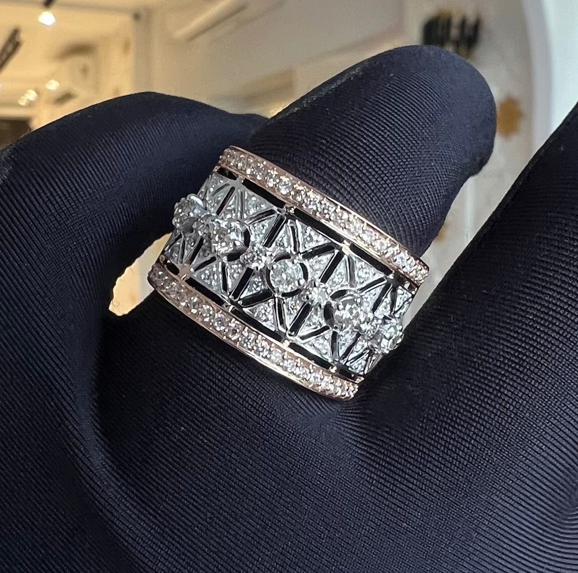 14K/18K Solid Gold Geometric Diamond Statement Ring, Wide Band Cocktail Jewelry