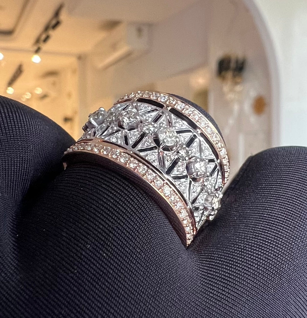 14K/18K Solid Gold Geometric Diamond Statement Ring, Wide Band Cocktail Jewelry