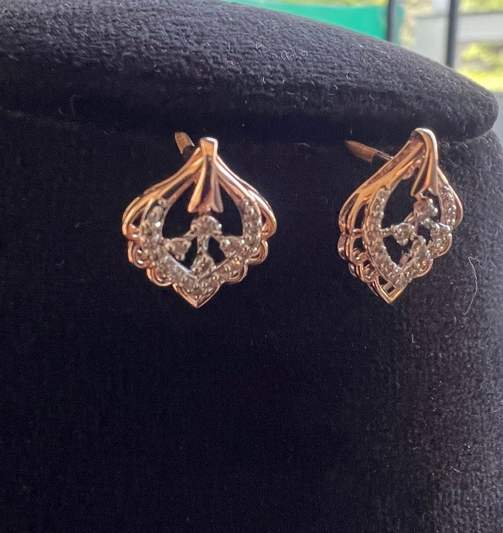 14K/18K Solid Gold Diamond Stud Earrings, Vintage Style, Natural Diamonds