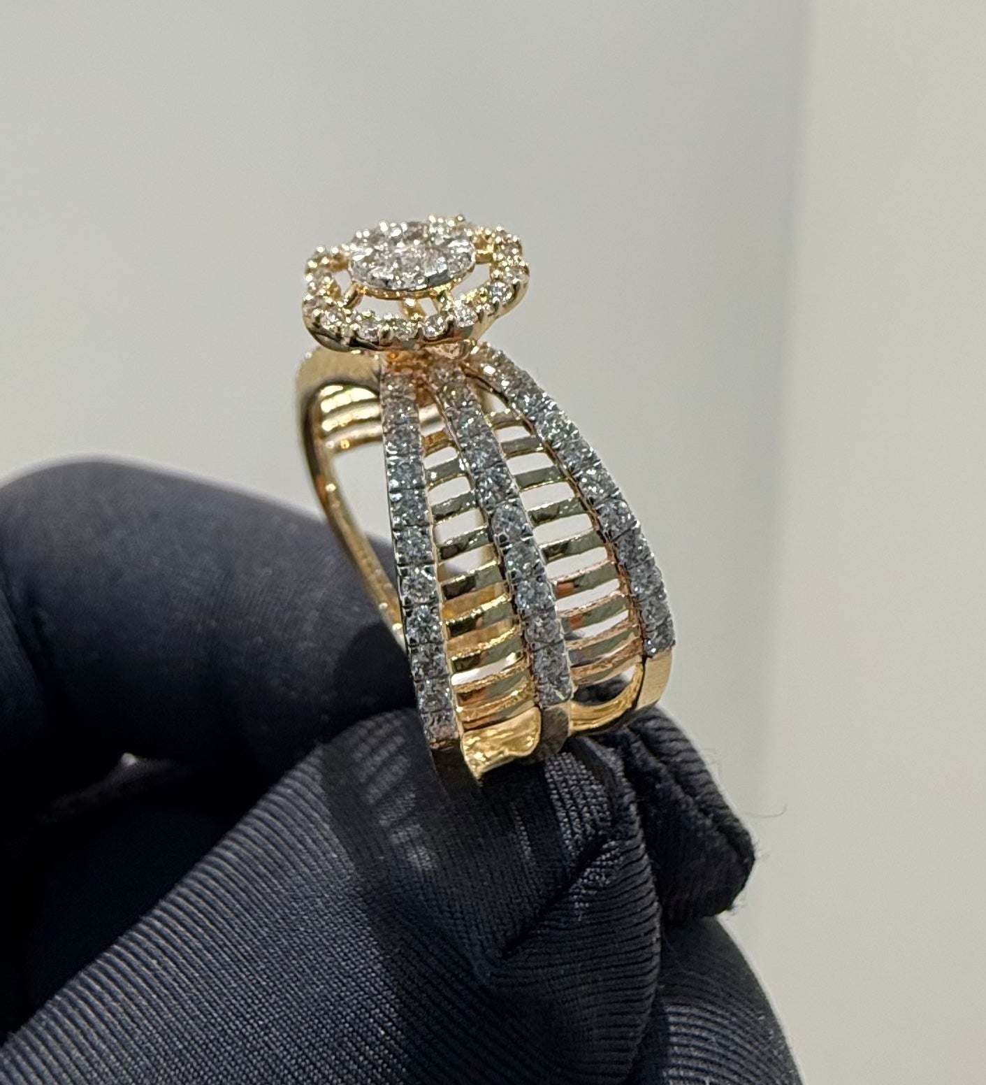 Solid Gold Halo Ring | Round Cut Diamond Multi Band Statement (IGI Certified)