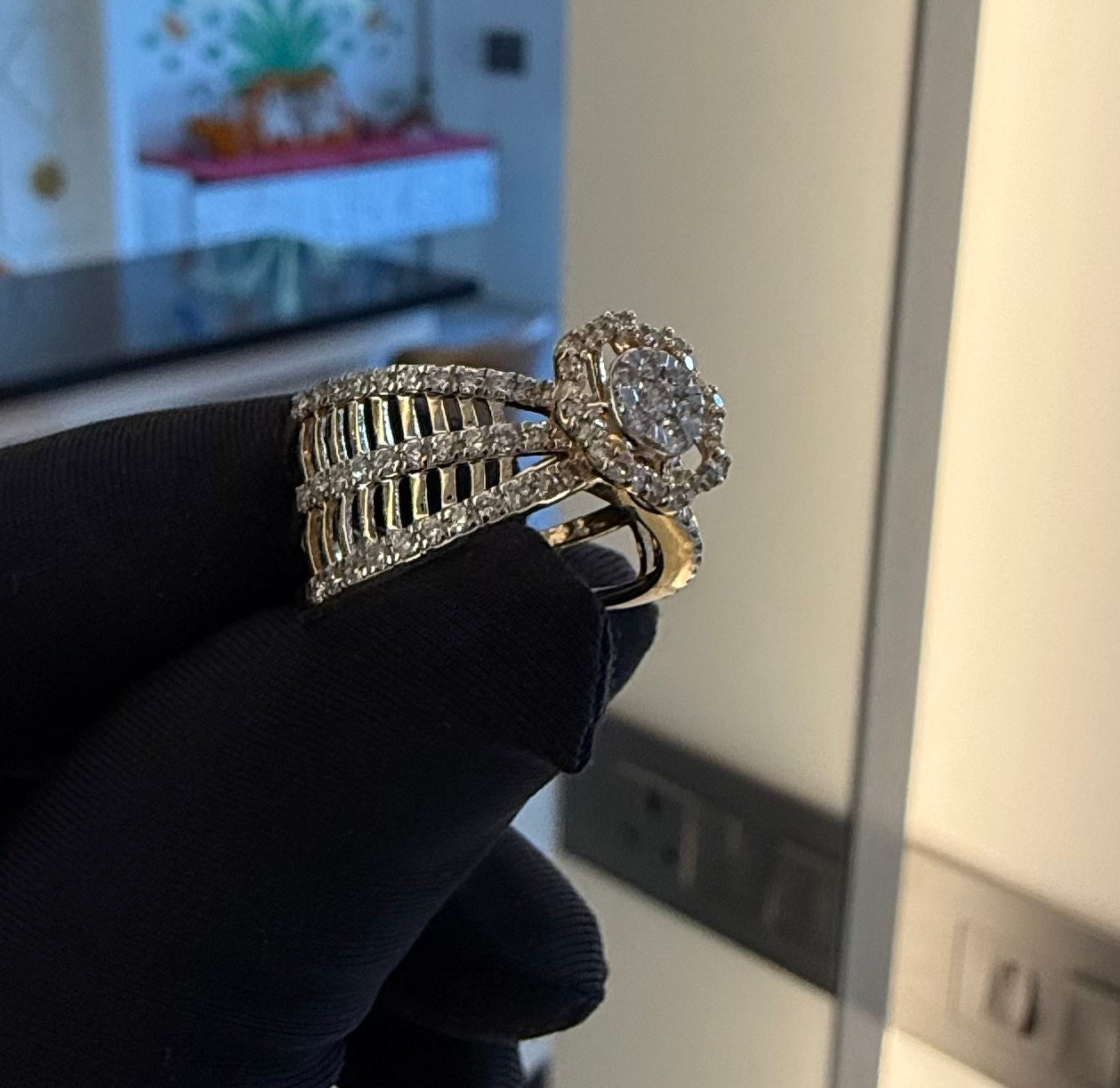 Solid Gold Halo Ring | Round Cut Diamond Multi Band Statement (IGI Certified)