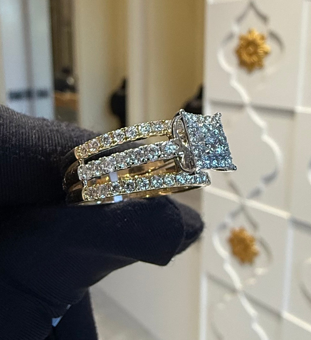 14K/18K Solid Gold Princess Shape  Diamond Engagement Ring | Multi Band Pavé Statement Ring