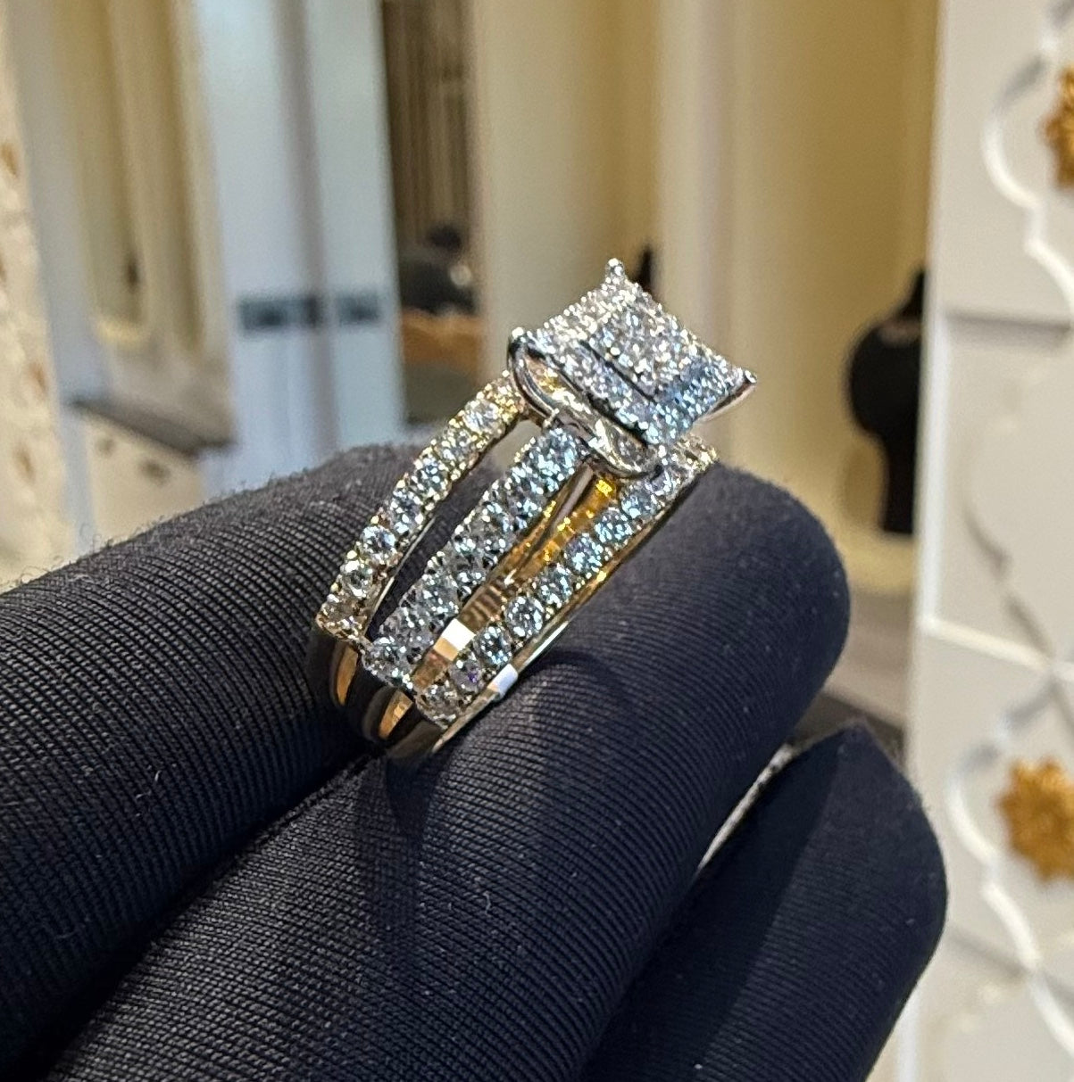 14K/18K Solid Gold Princess Shape  Diamond Engagement Ring | Multi Band Pavé Statement Ring