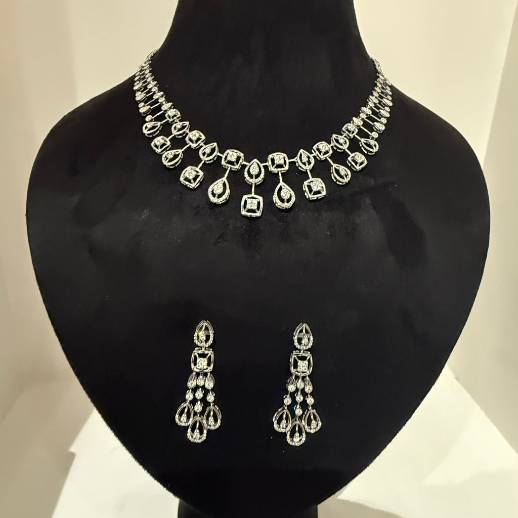 Solid Gold Diamond Bridal Jewelry Set, Pear Princess design Wedding Necklace Earrings
