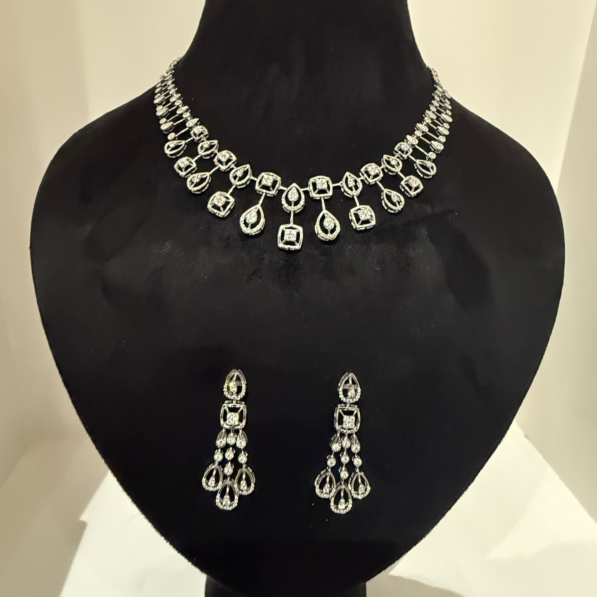 Solid Gold Diamond Bridal Jewelry Set, Pear Princess design Wedding Necklace Earrings