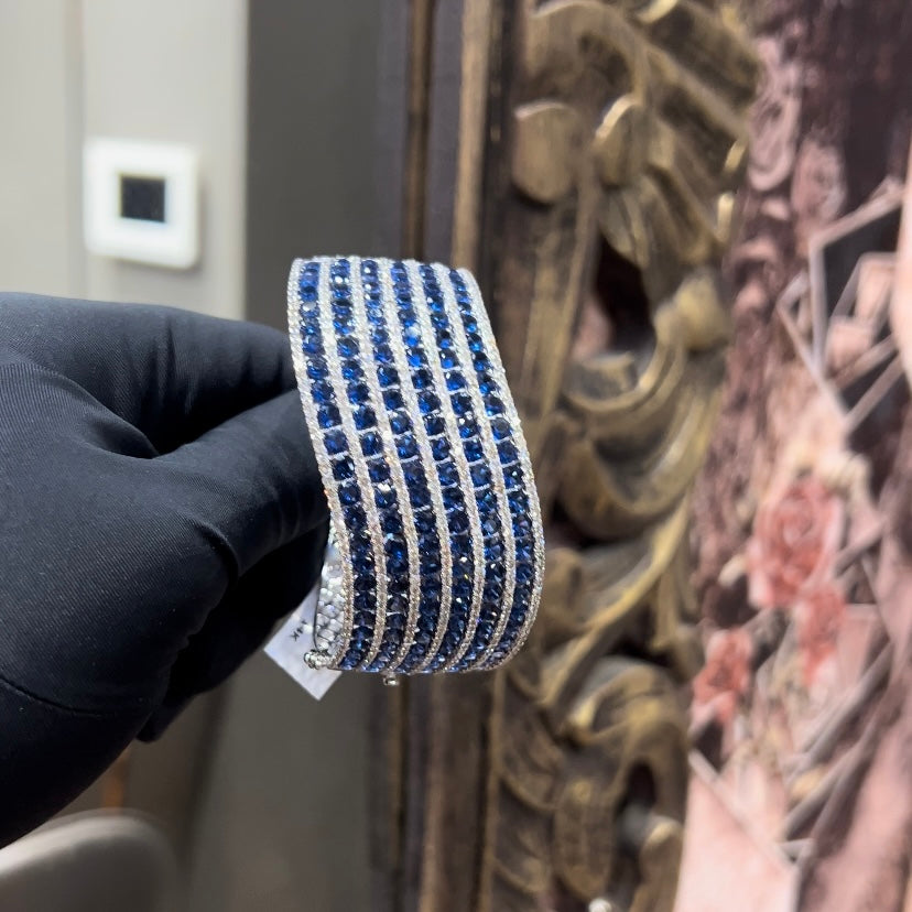 14K 18K Solid Gold Diamond Blue Stone Openable Bangle – Pave Hinged Bracelet