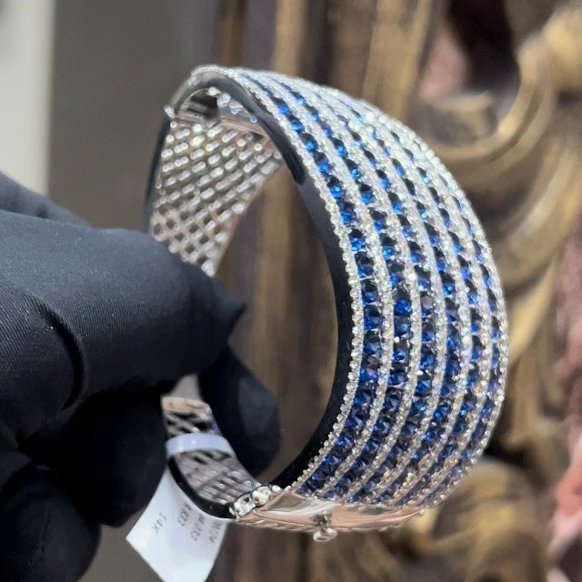 14K 18K Solid Gold Diamond Blue Stone Openable Bangle – Pave Hinged Bracelet