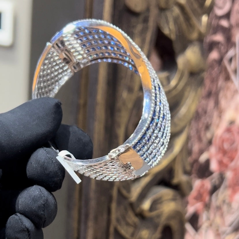 14K 18K Solid Gold Diamond Blue Stone Openable Bangle – Pave Hinged Bracelet