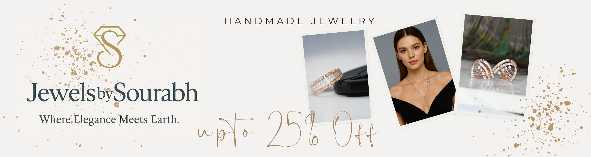 Promotional banner for Jewels by Sourabh with jewelry images and discount text.