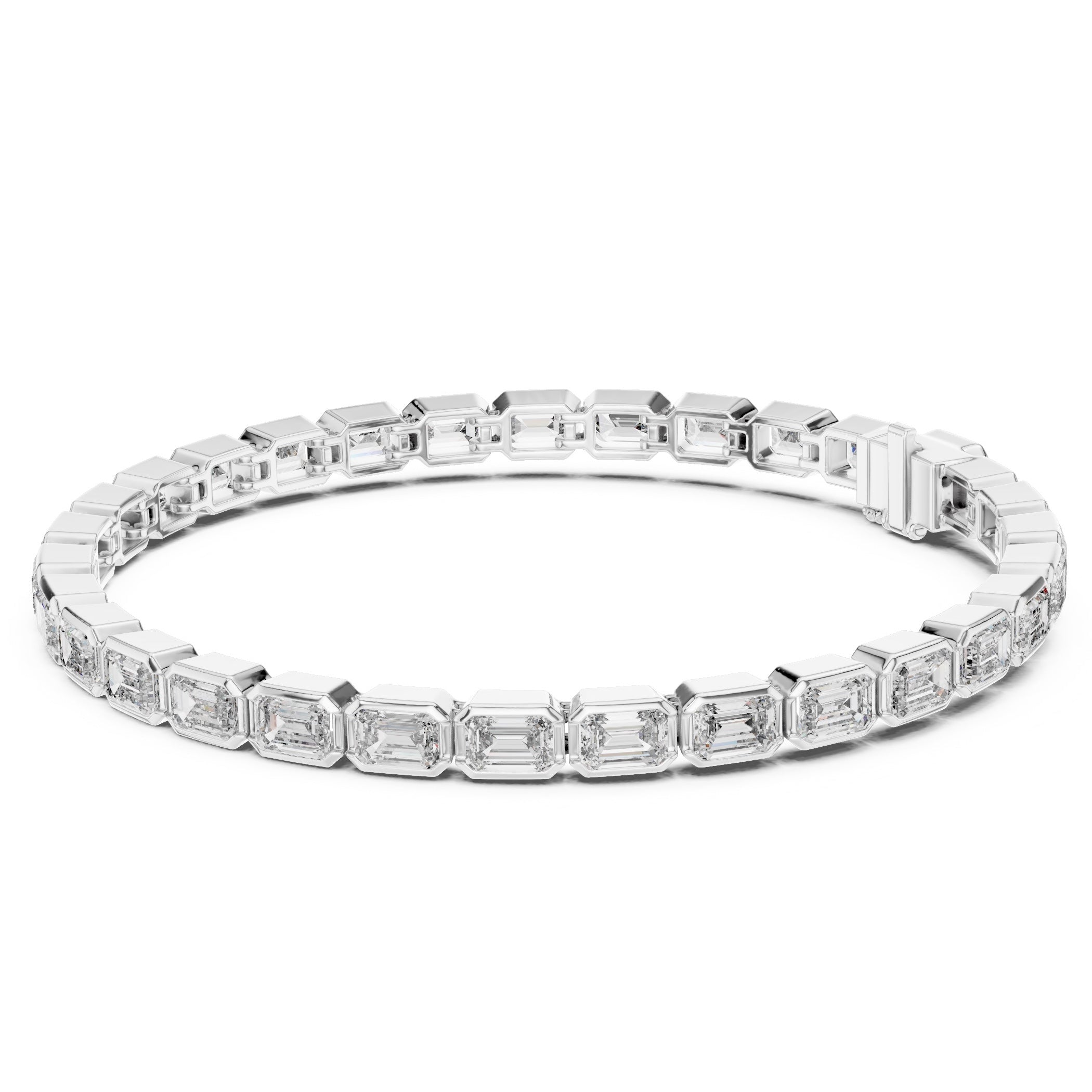 A white gold tennis bracelet featuring emerald-cut clear diamonds in a continuous link design, shown against a plain white background.