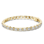 A gold tennis bracelet featuring emerald-cut clear diamonds, displayed on a clean white background.