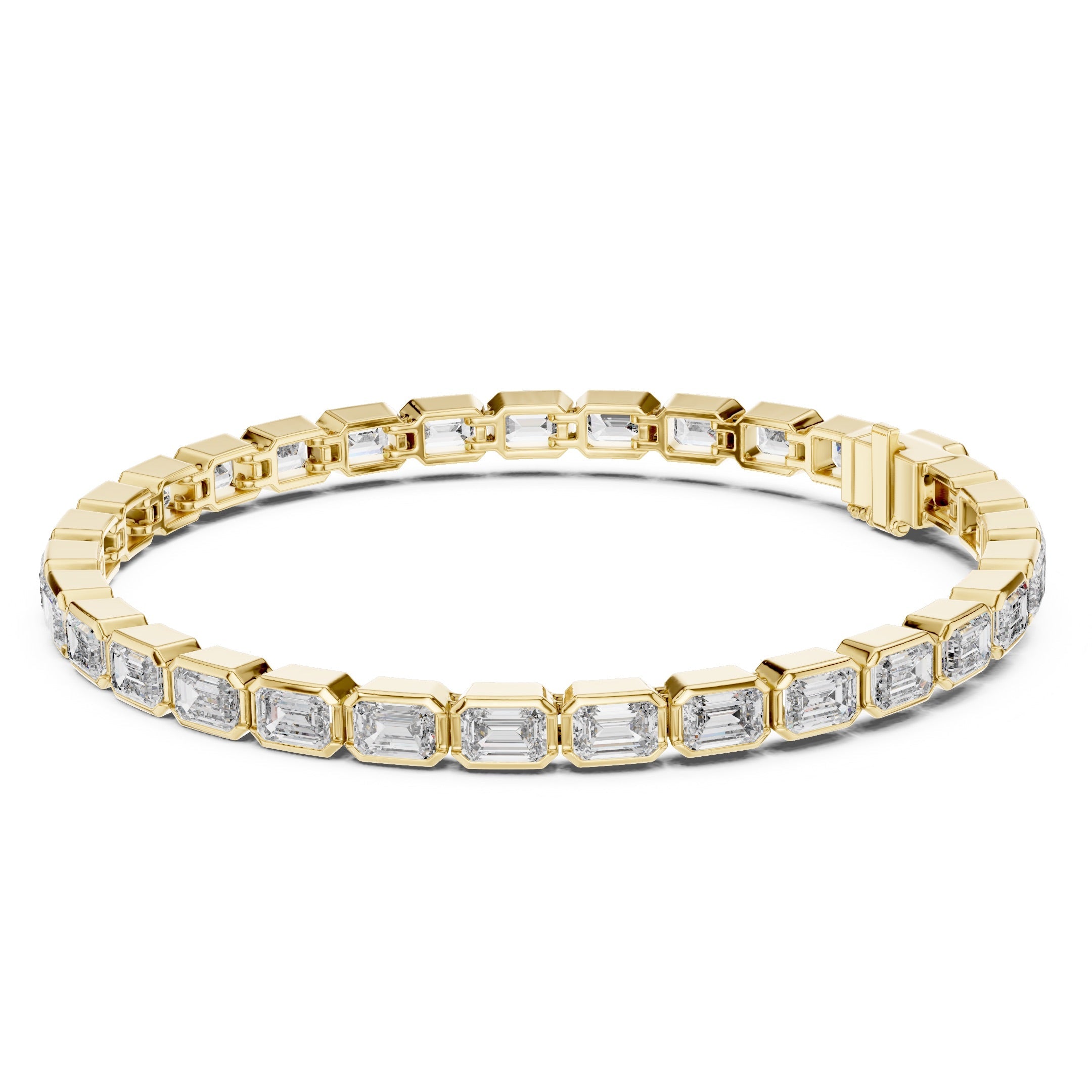 A gold tennis bracelet featuring emerald-cut clear diamonds, displayed on a clean white background.