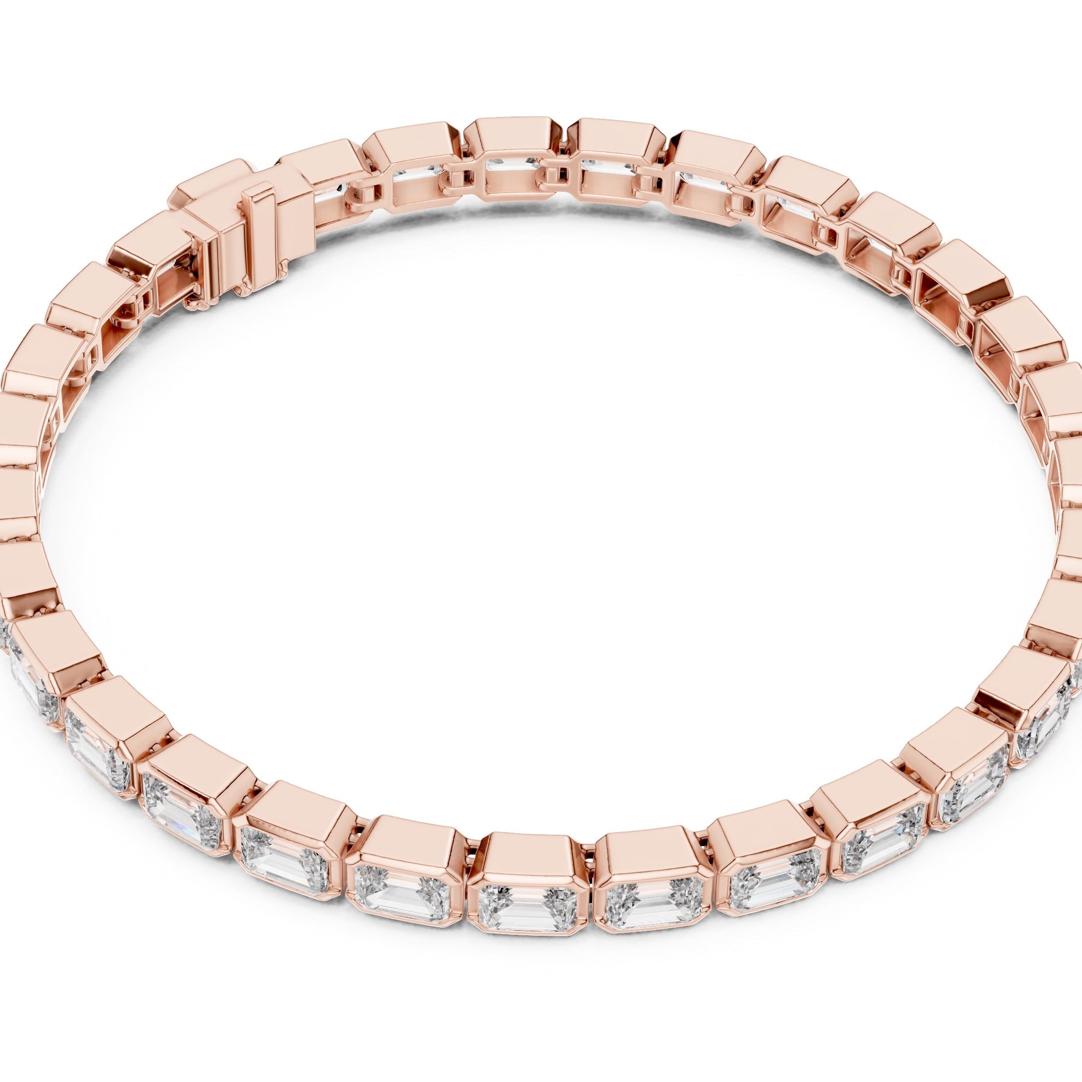A rose gold tennis bracelet with emerald clear diamonds, displayed on a clean white background.