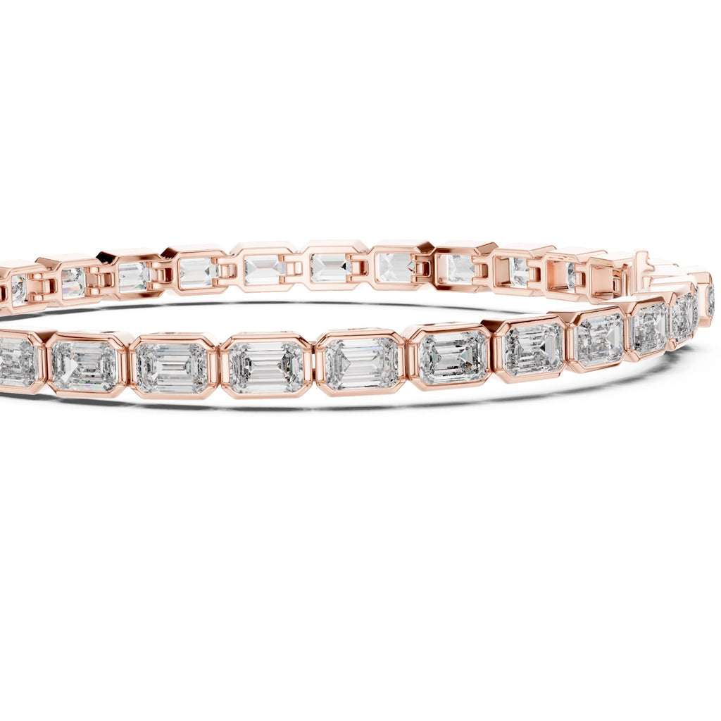 A rose gold tennis bracelet featuring a continuous row of emerald-cut clear diamonds in a polished setting, presented on a clean white background.
