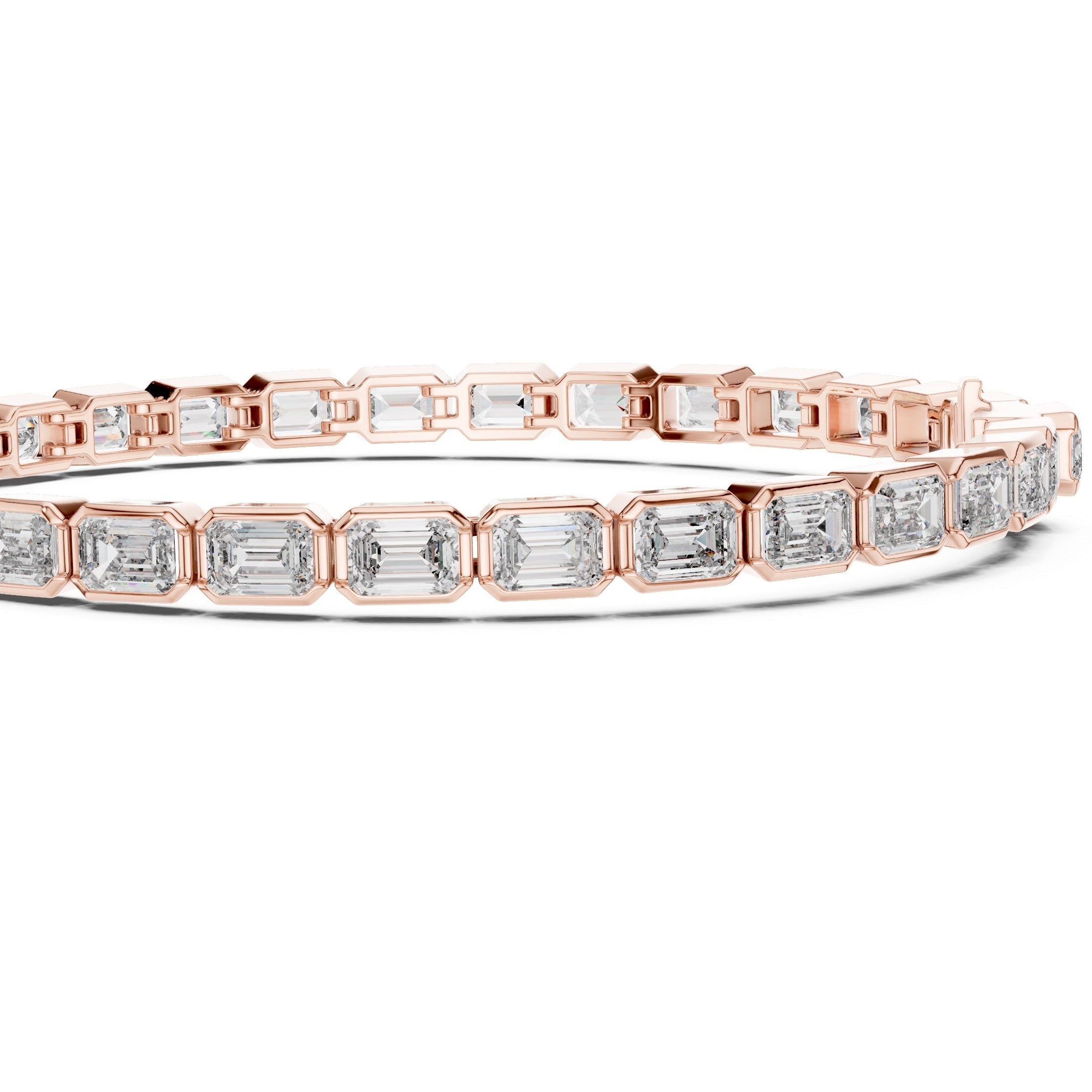 A rose gold tennis bracelet featuring a continuous row of emerald-cut clear diamonds in a polished setting, presented on a clean white background.