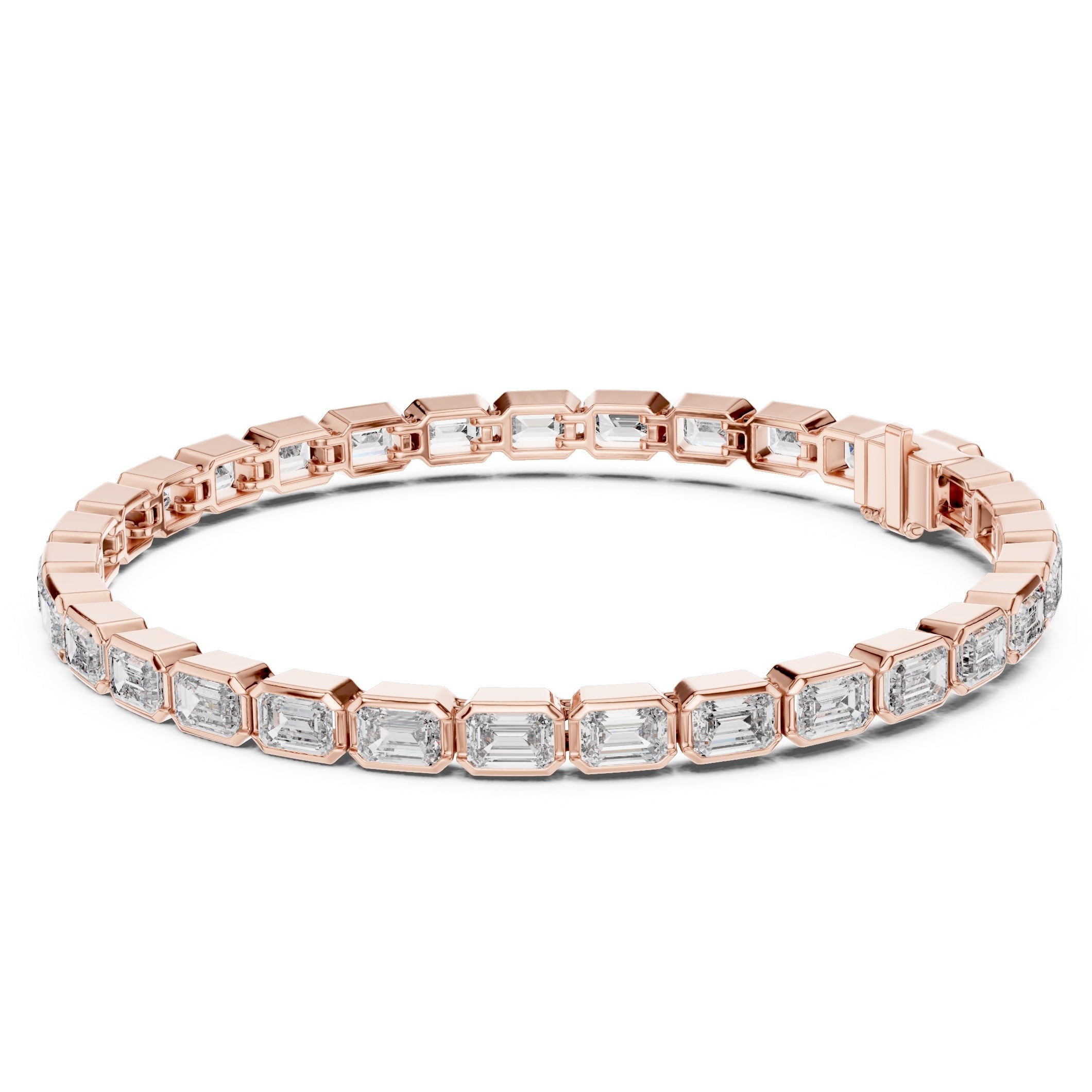 A rose gold tennis bracelet featuring rectangular emerald-shape clear diamonds in a continuous link design, shown against a plain white background.