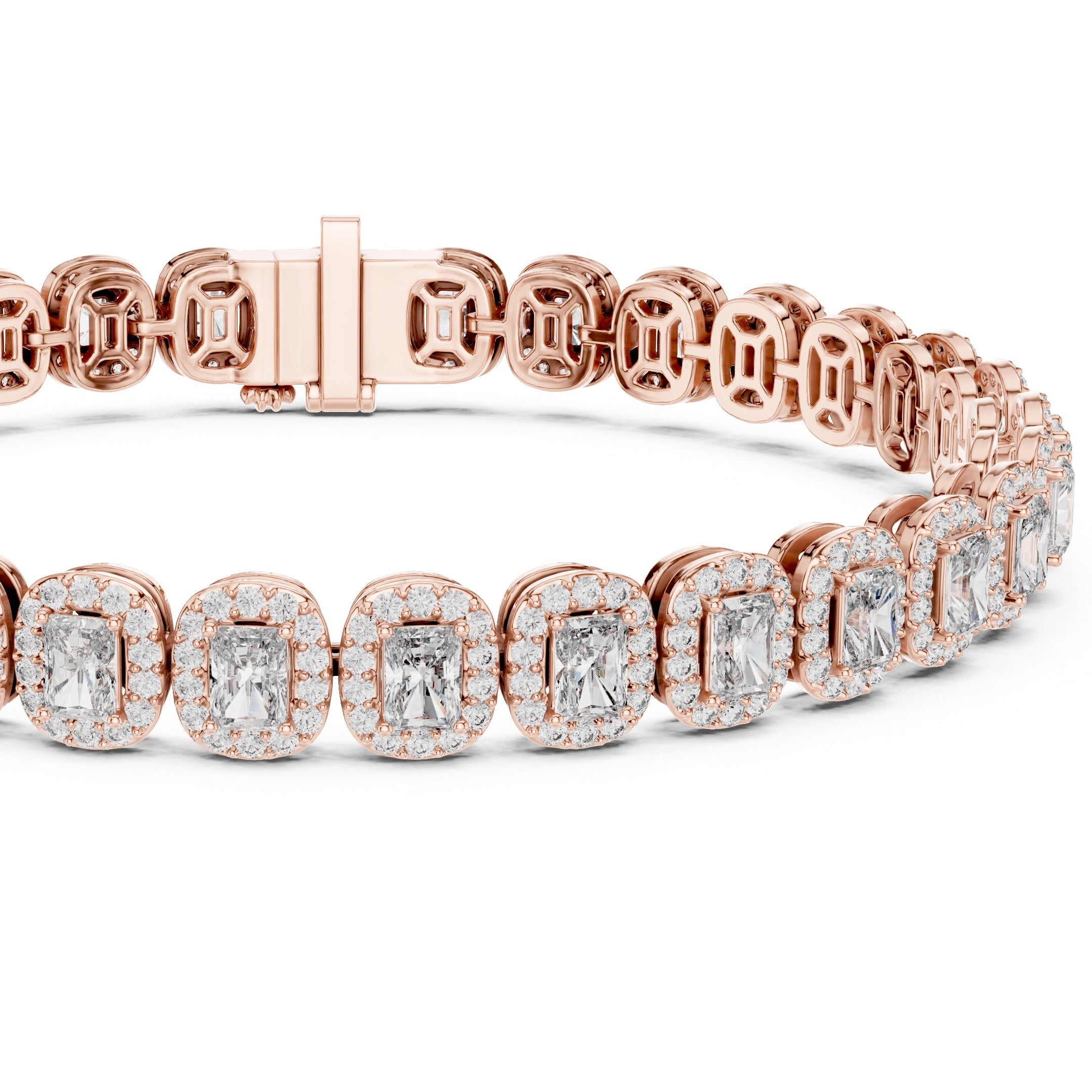A rose gold tennis bracelet featuring radiant-cut diamonds surrounded by small pavé diamonds, displayed on a clean white background.