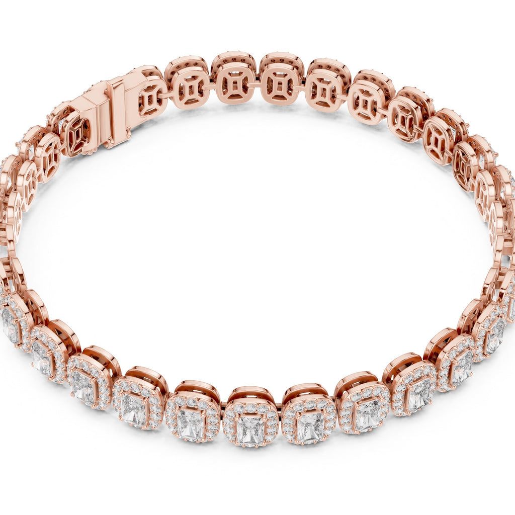 Rose gold bracelet with clear diamonds on a white background