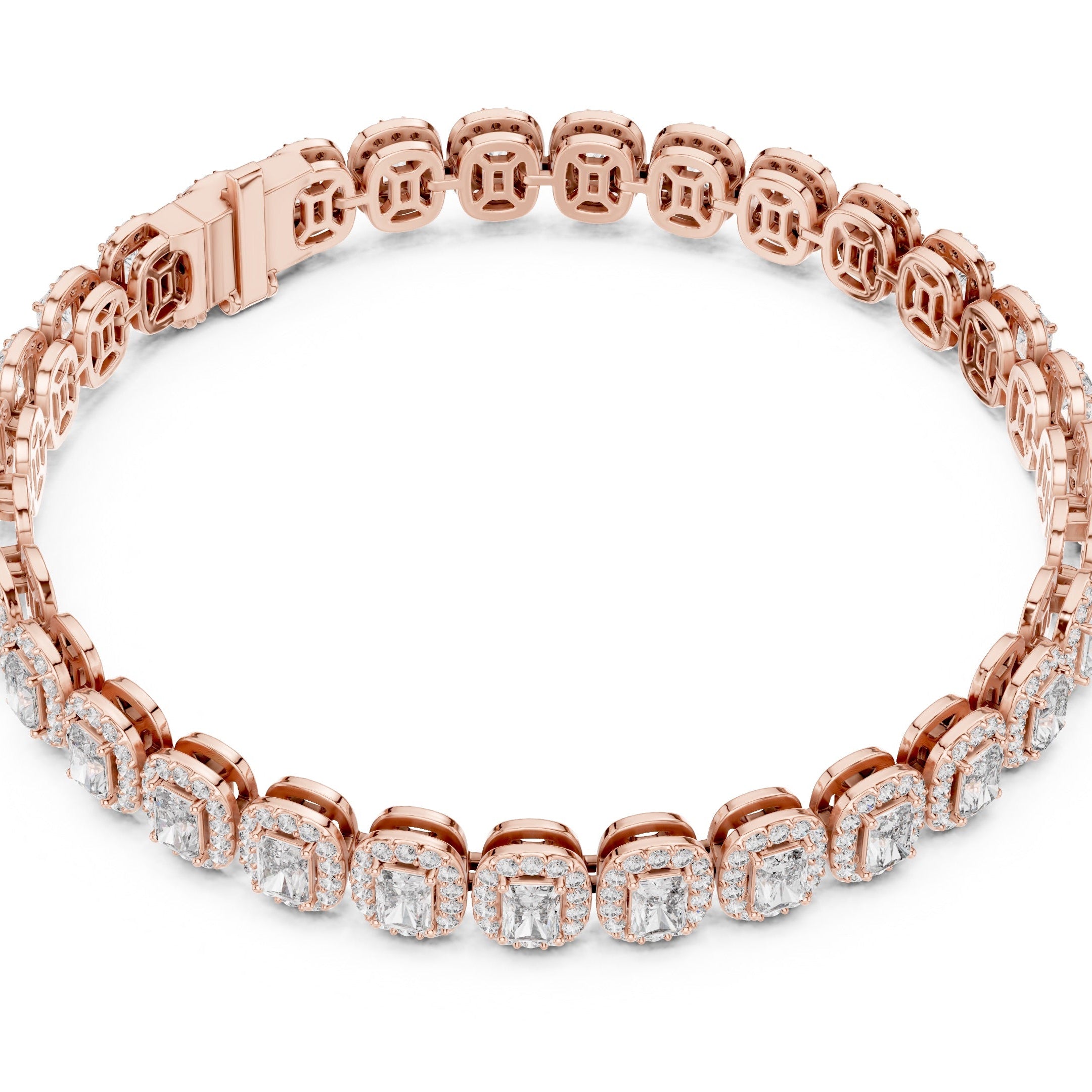 Rose gold bracelet with clear diamonds on a white background