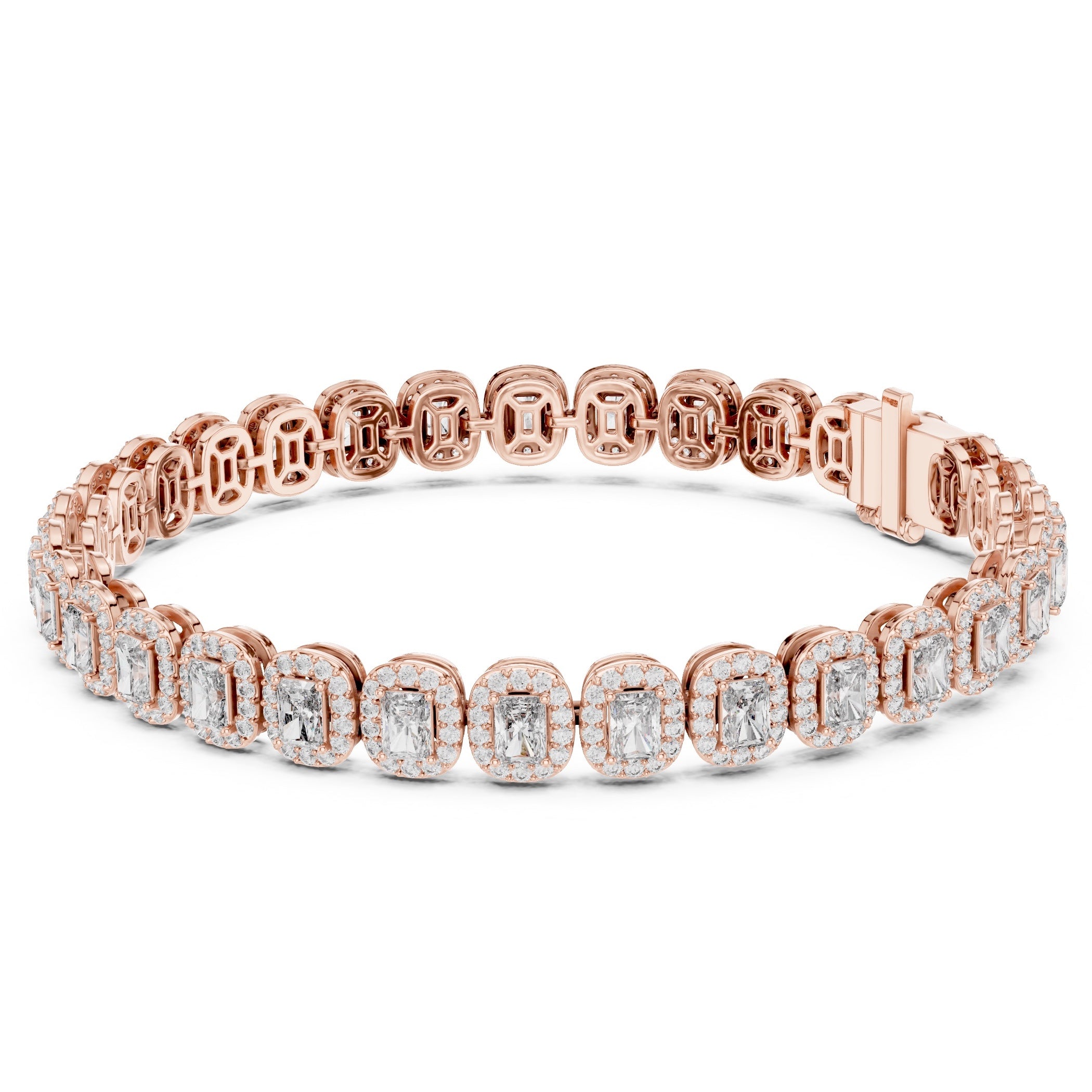 Rose gold bracelet with diamonds on a white background