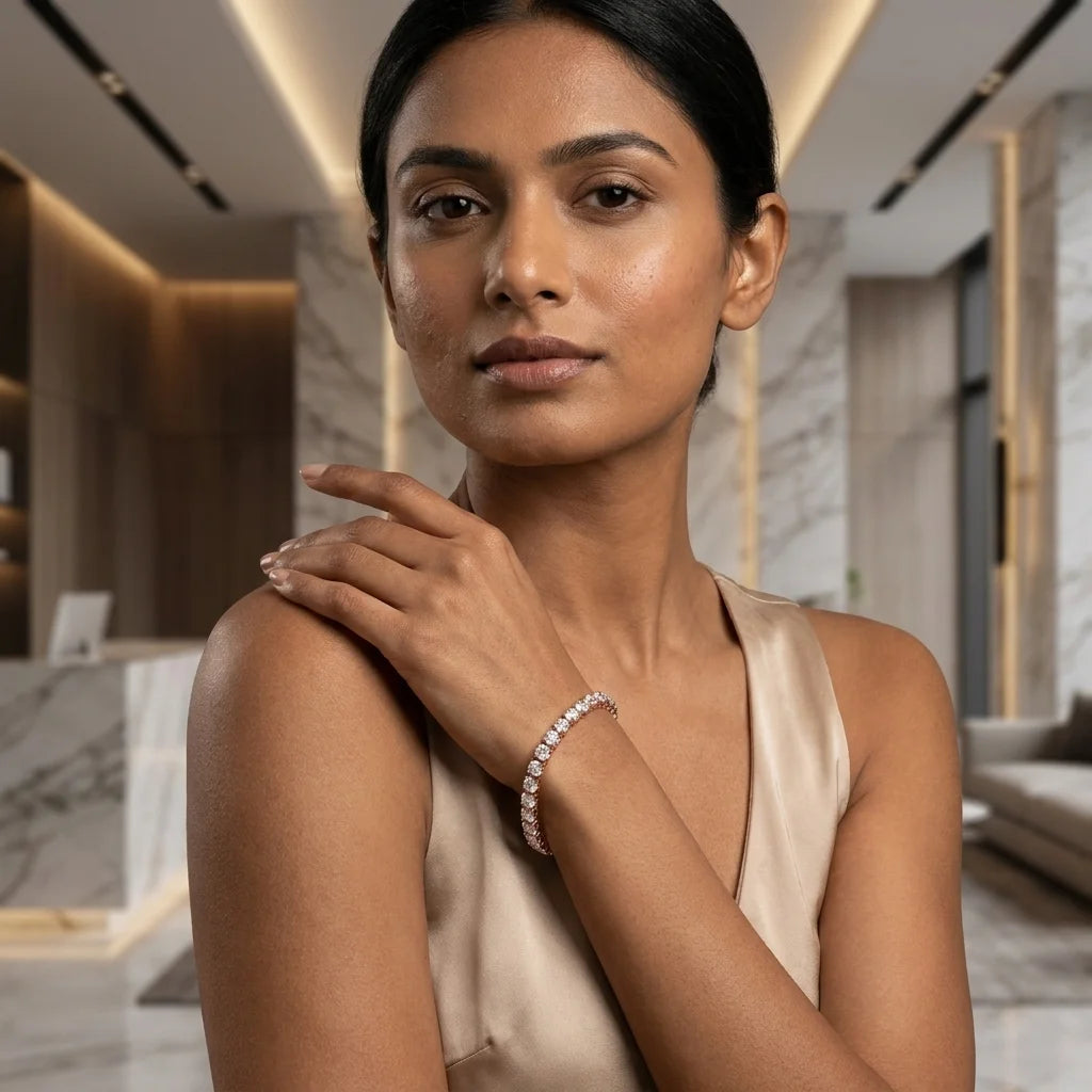 A woman wearing a delicate diamond tennis bracelet, posing in a modern, upscale interior with marble walls and warm lighting.