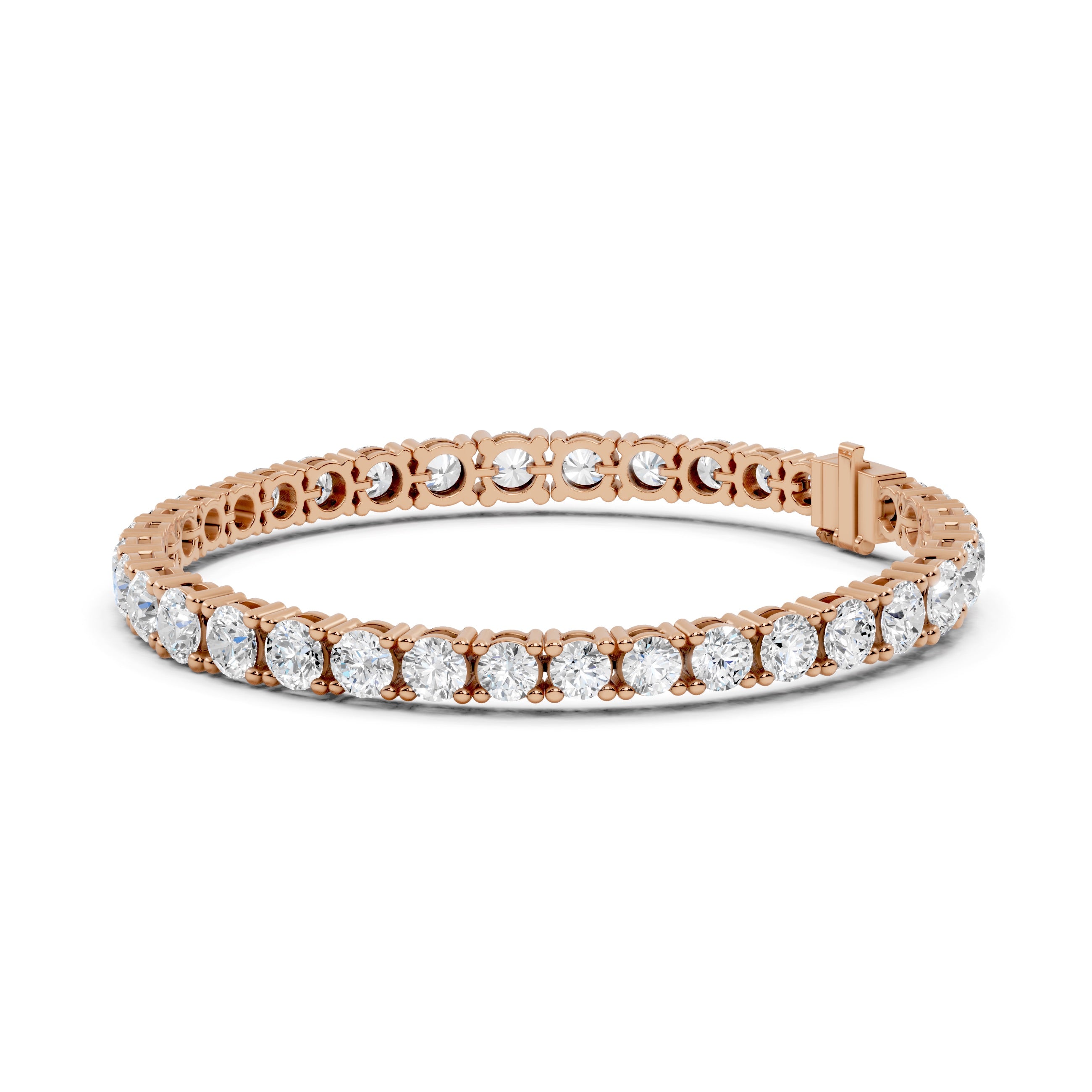 Rose gold bracelet with clear diamonds on a white background