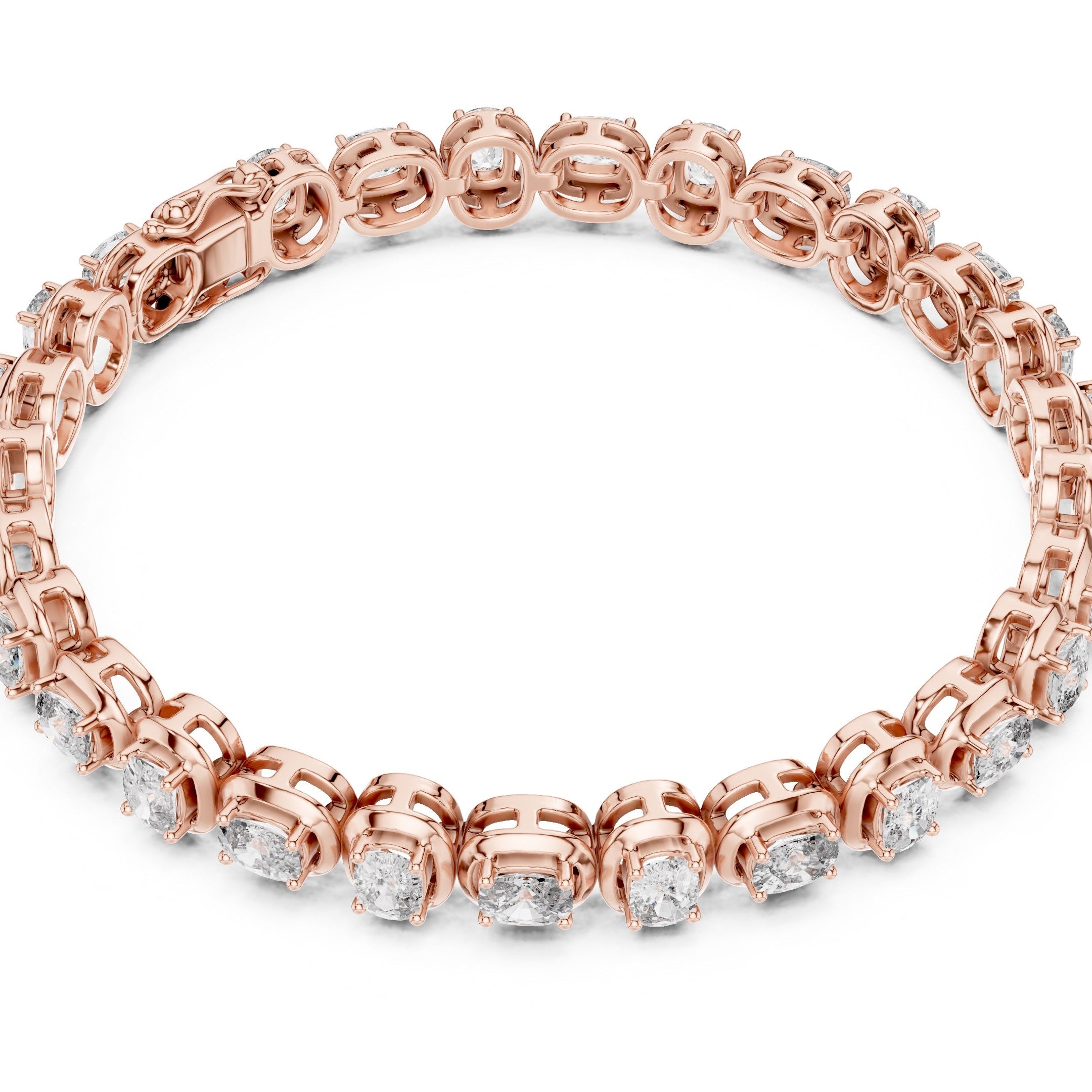 A rose gold tennis bracelet with oval-cut clear diamonds, displayed on a clean white background.