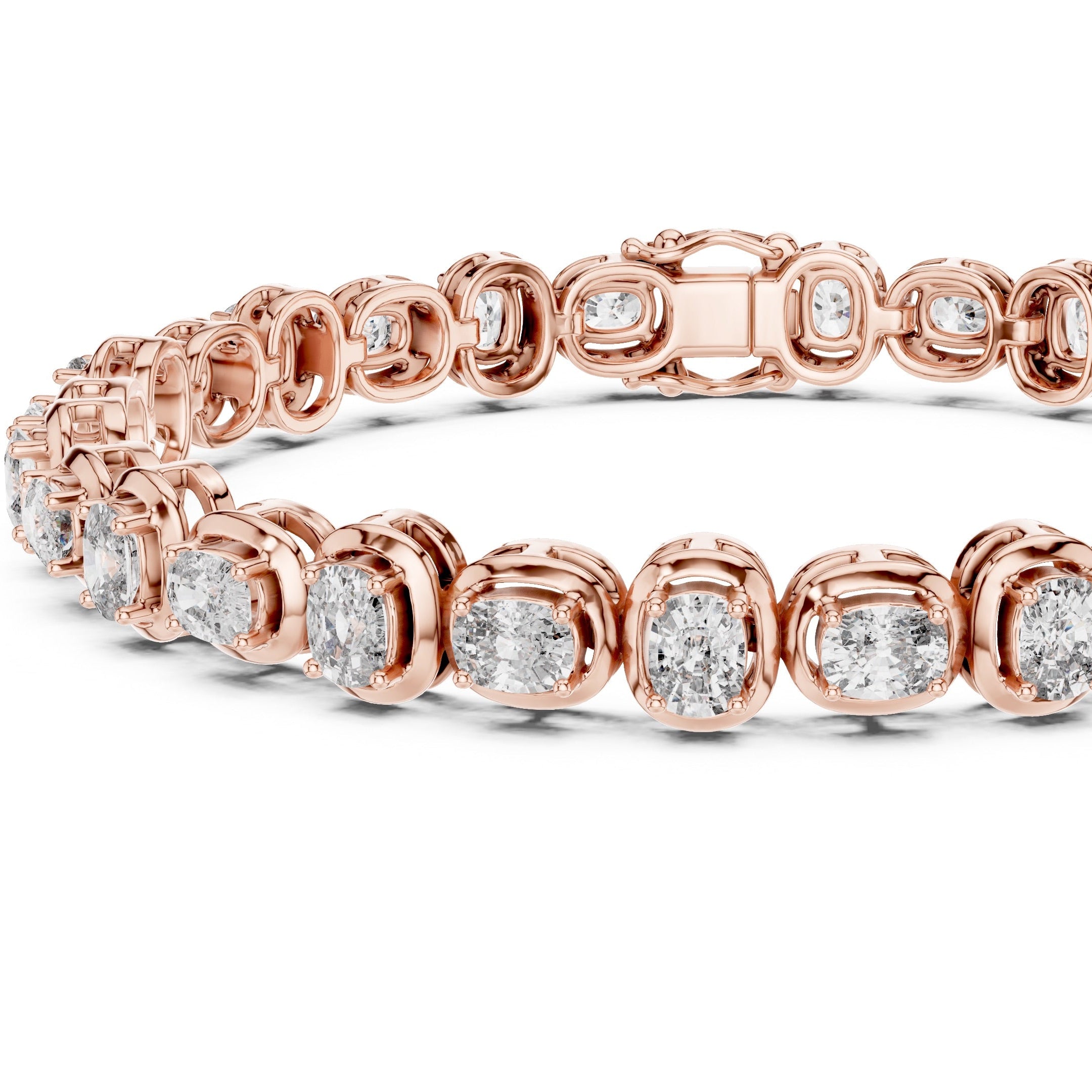 Rose gold bracelet with diamond accents on a white background
