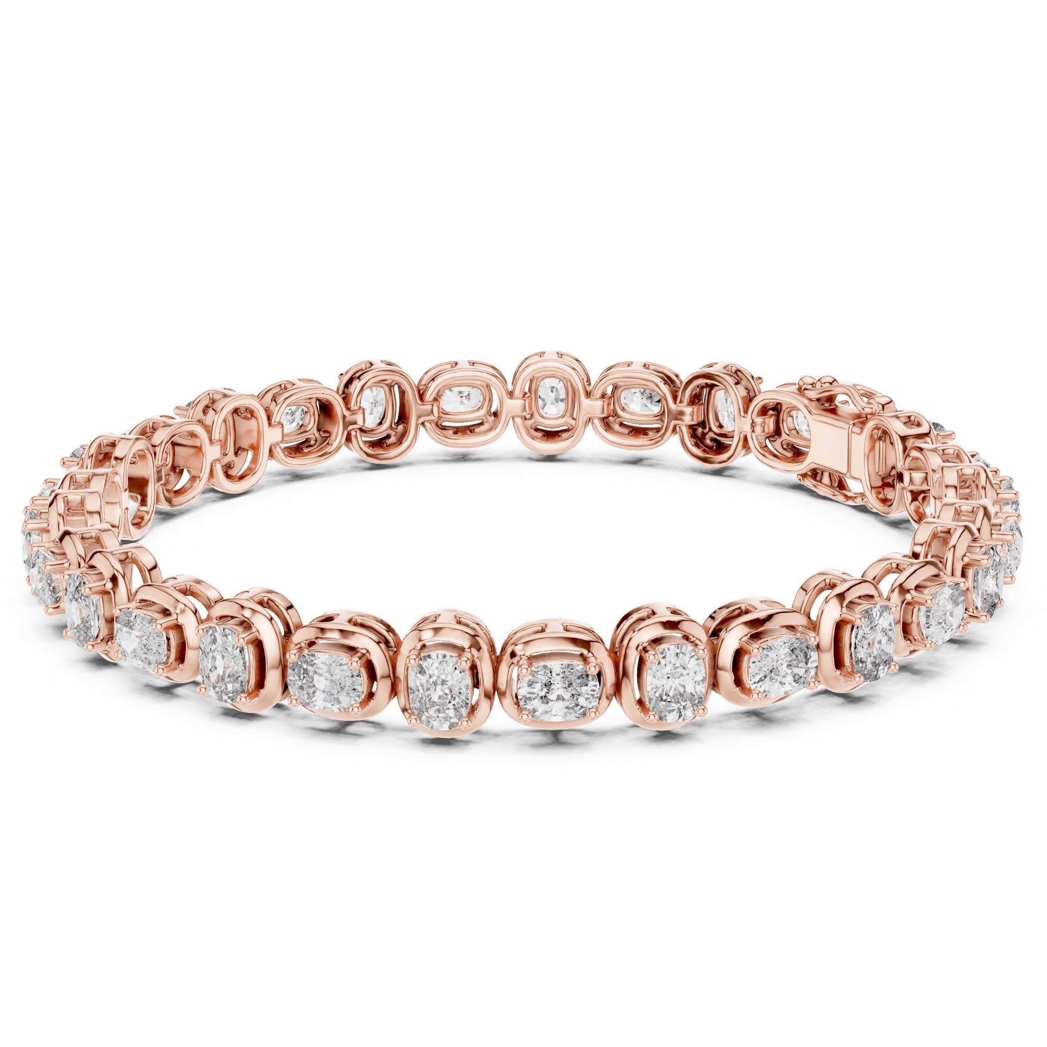 A rose gold tennis bracelet featuring oval brilliant-cut diamonds set in a continuous link design, shown against a plain white background.