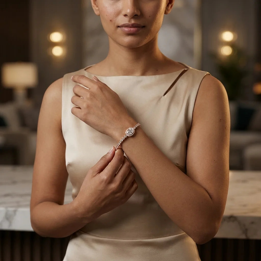 A woman wearing a champagne-colored satin dress and a delicate diamond bracelet, shown in a softly lit indoor setting.