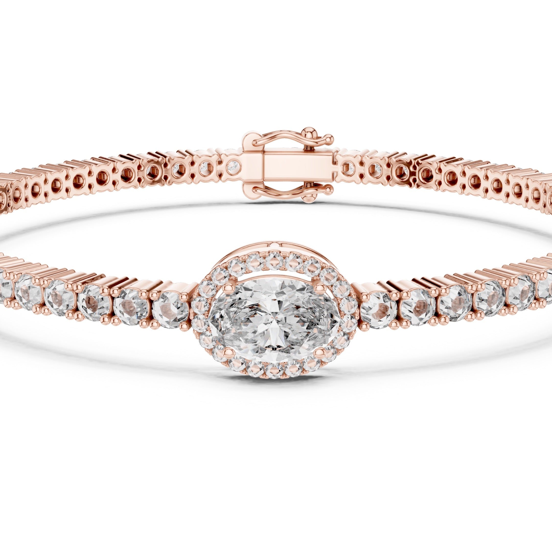 Rose gold bracelet with a central oval diamond and smaller round diamonds on a white background