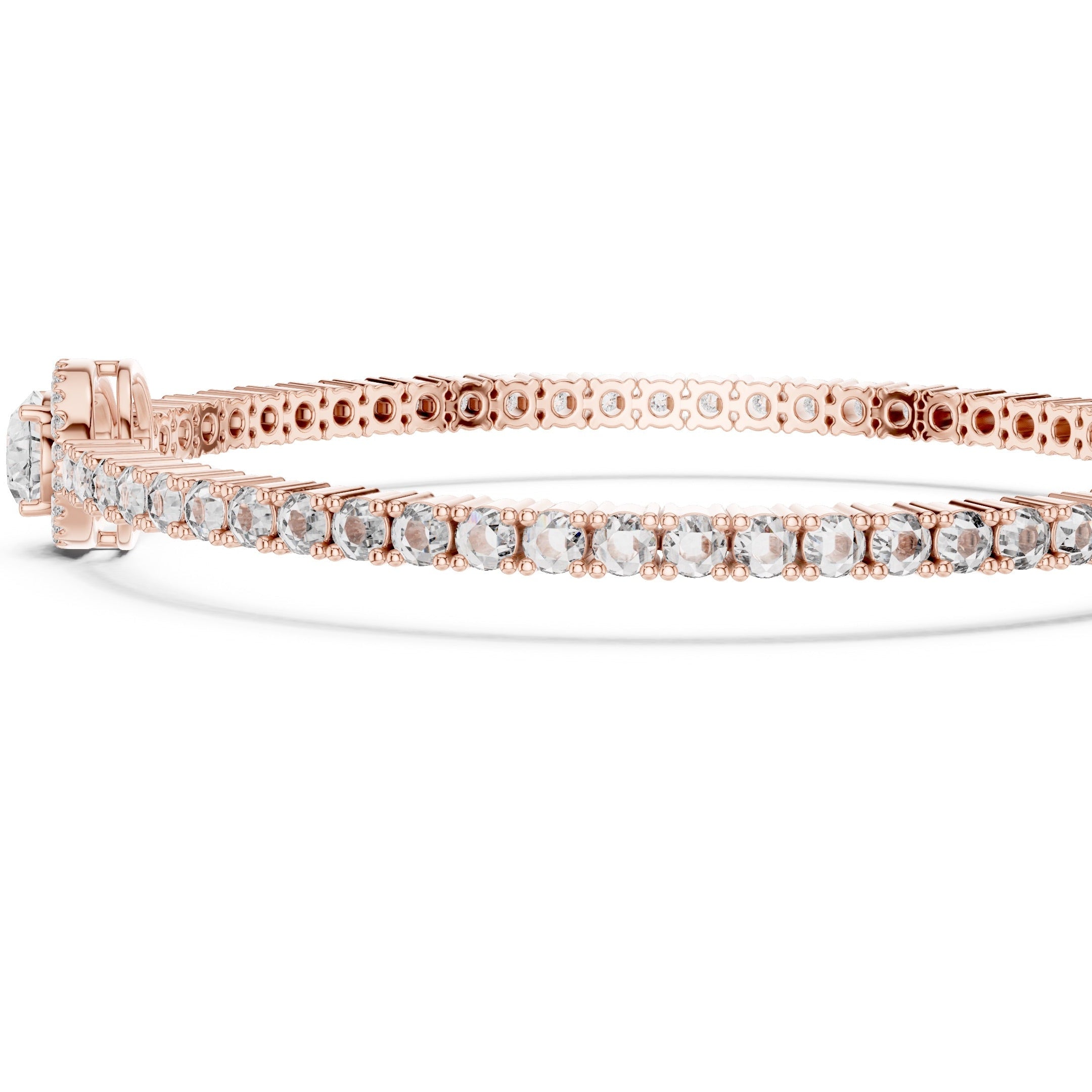 A rose gold tennis bracelet featuring a continuous line of round-cut clear diamonds in a prong setting, displayed on a clean white background.