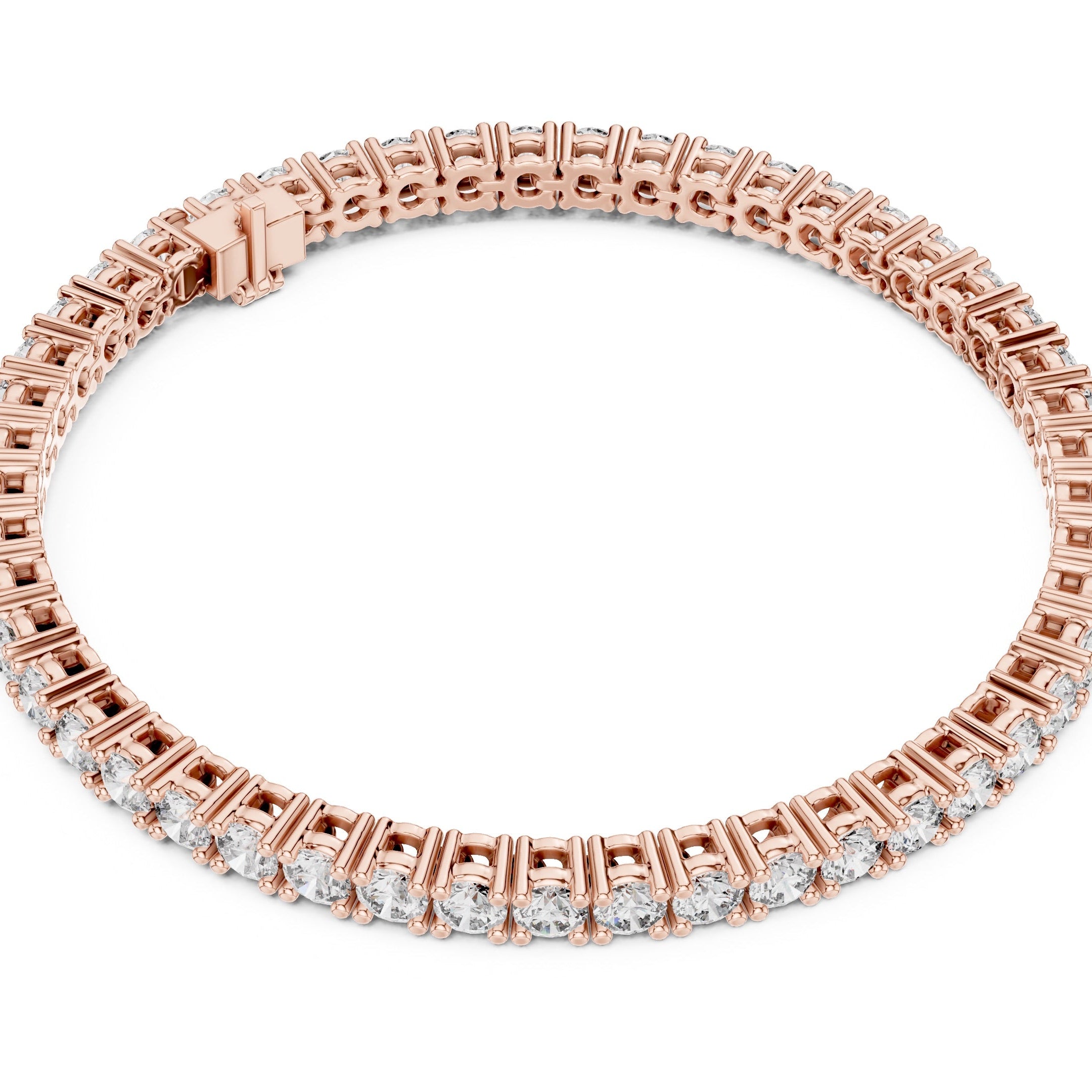 A rose gold tennis bracelet with a continuous line of small clear diamonds, shown on a plain white background.