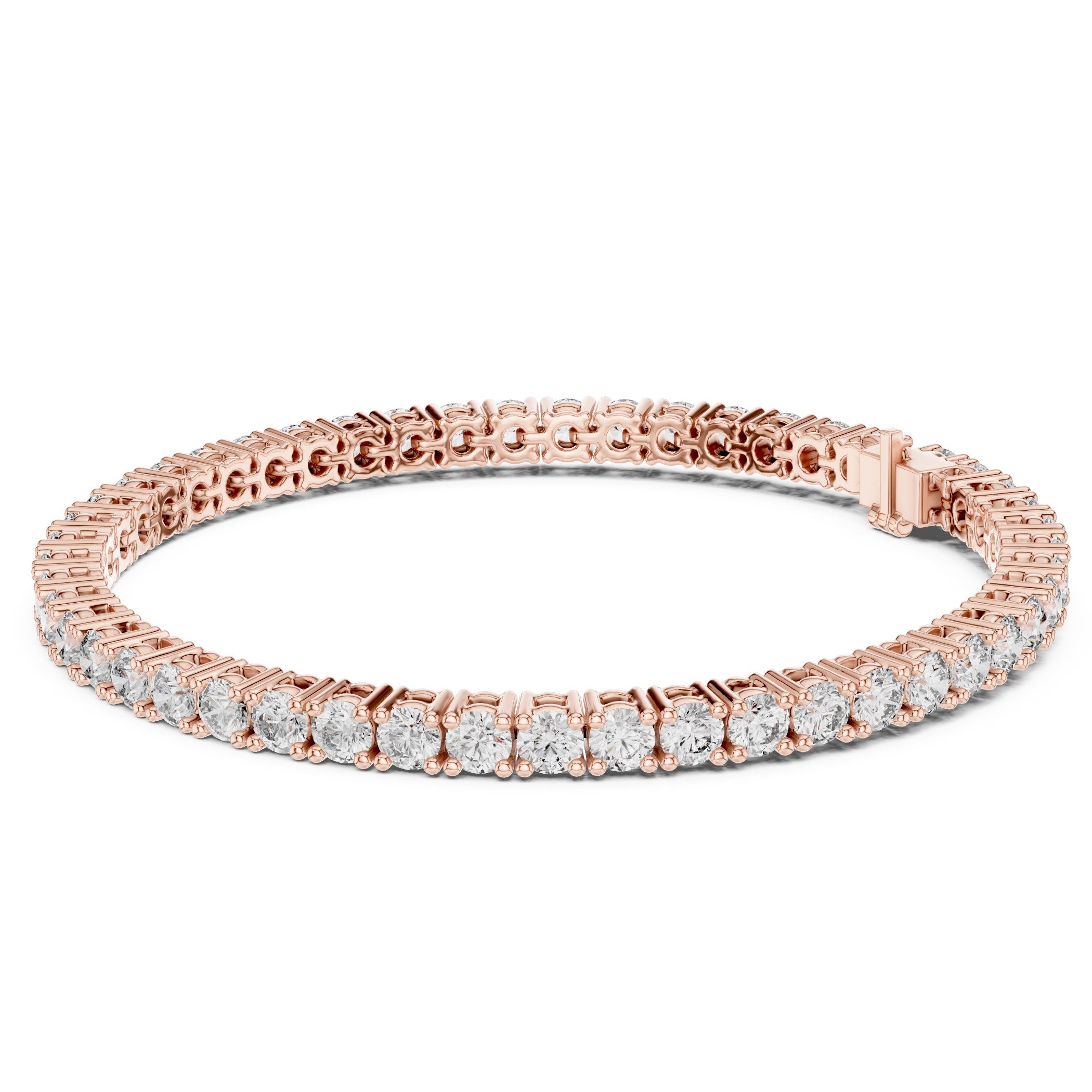 A rose gold tennis bracelet with a continuous row of round-cut clear gemstones, displayed on a clean white background.