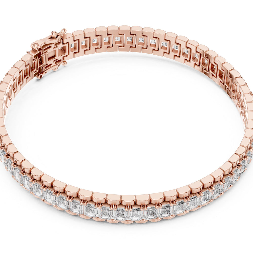 Rose gold bracelet with clear diamonds on a white background