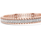 A rose gold tennis bracelet featuring a row of emerald-cut clear diamonds, displayed on a clean white background.