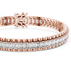 A rose gold tennis bracelet featuring a double row of emerald-cut clear stones, displayed on a clean white background.