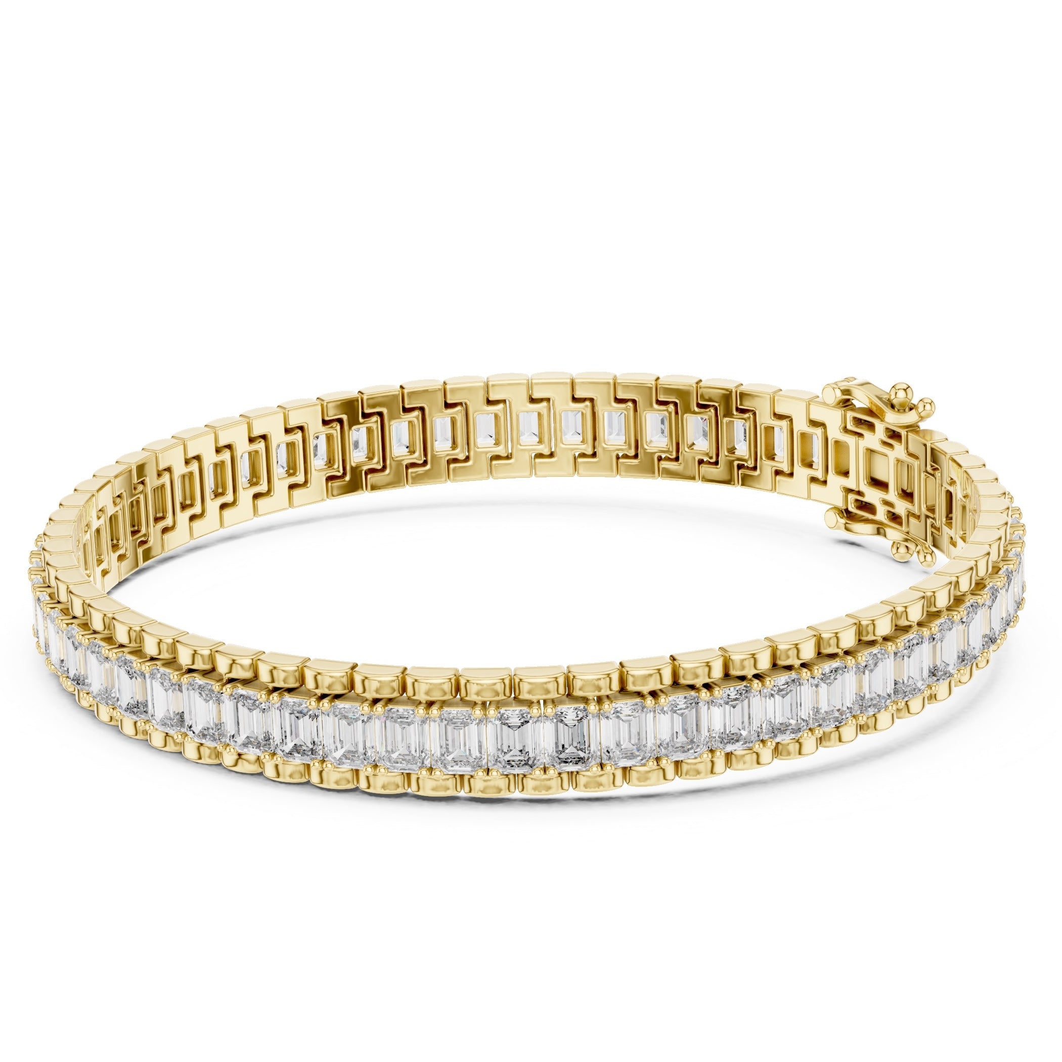 Gold bracelet with clear gemstones on a white background