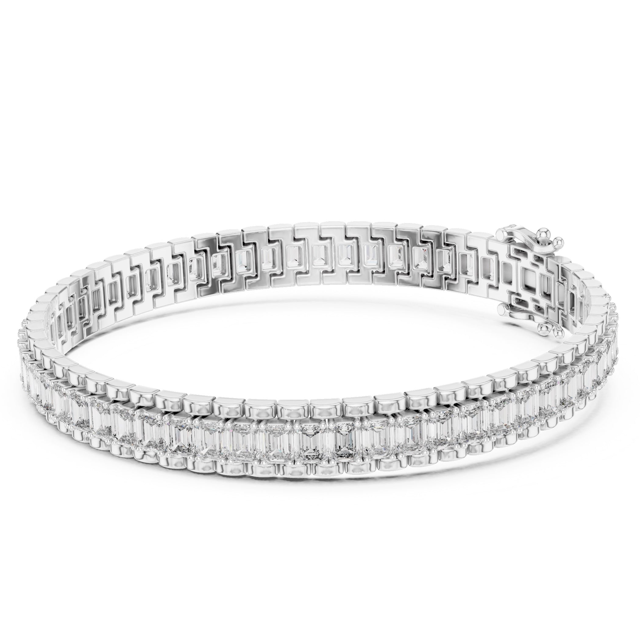 White gold bracelet with emerald diamonds on a white background