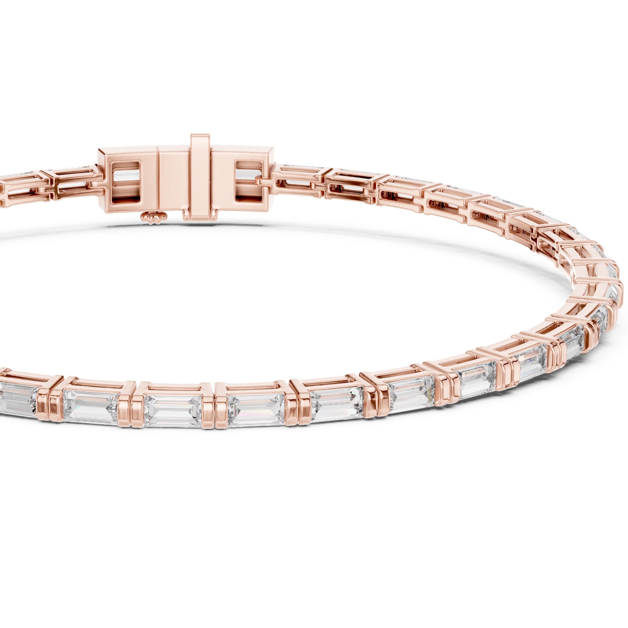 Rose gold bracelet with clear diamonds on a white background