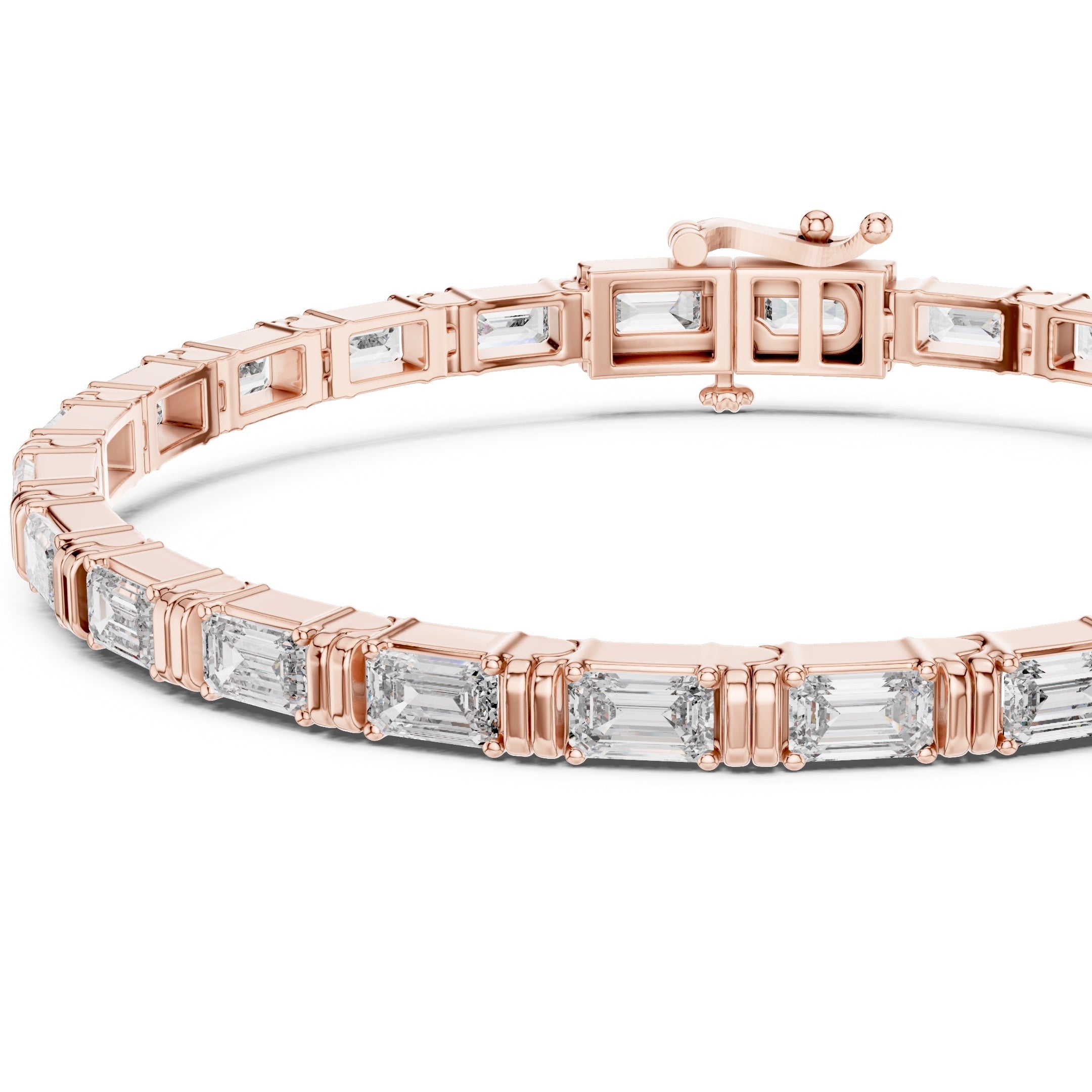 Rose gold bracelet with emerald diamonds on a white background