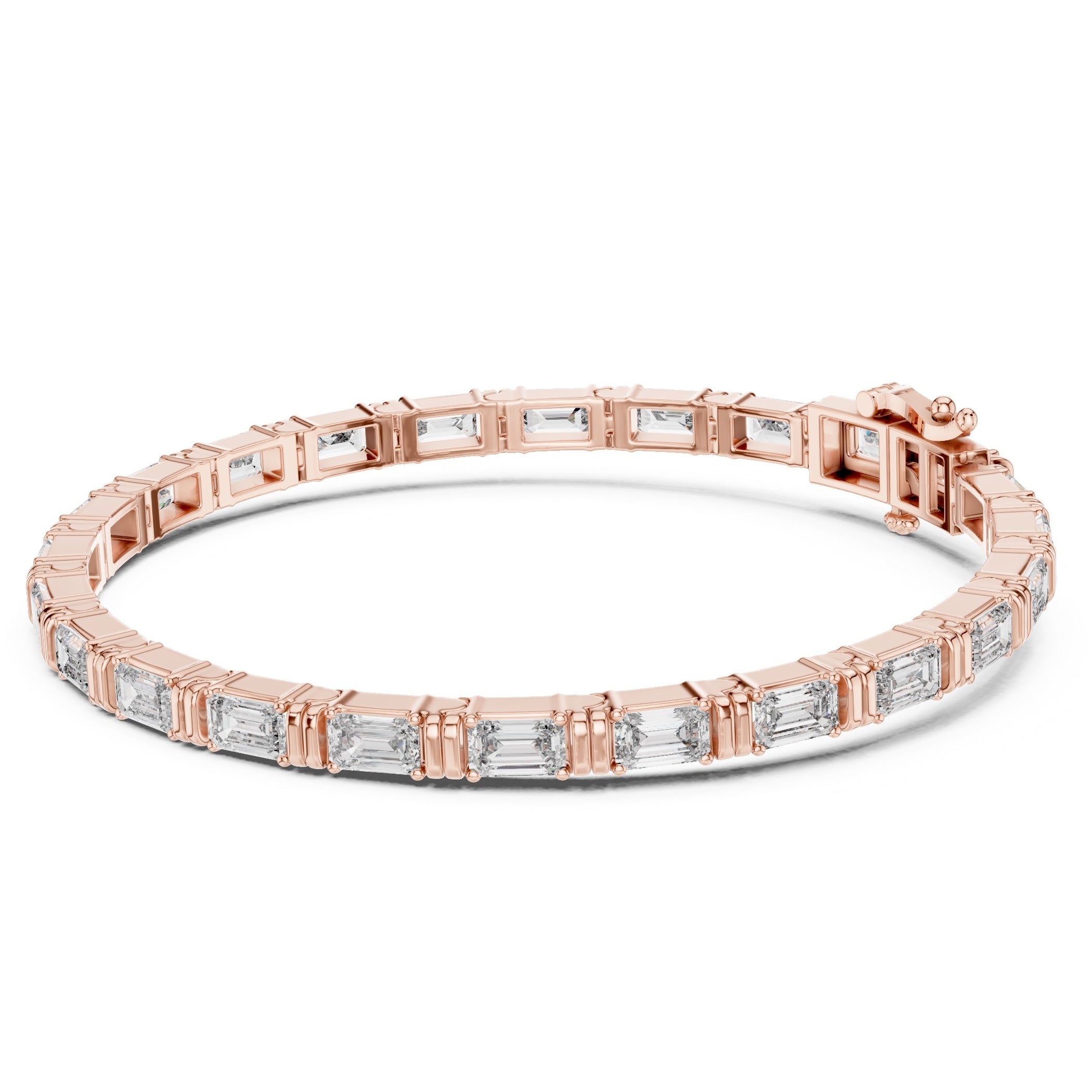 A rose gold tennis bracelet featuring emerald-cut clear diamonds, presented on a clean white background.
