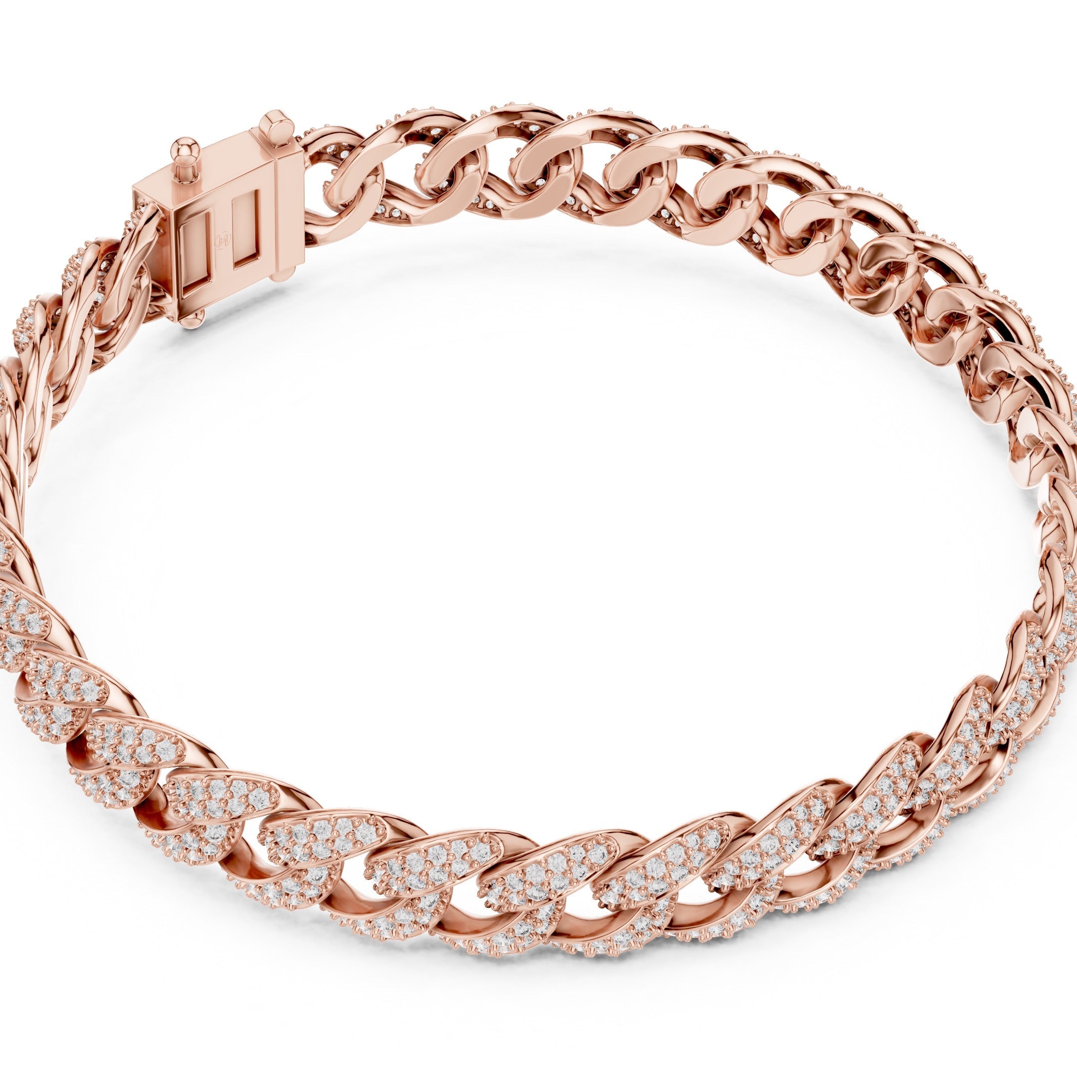 Rose gold and diamond bracelet with a chain design on a white background